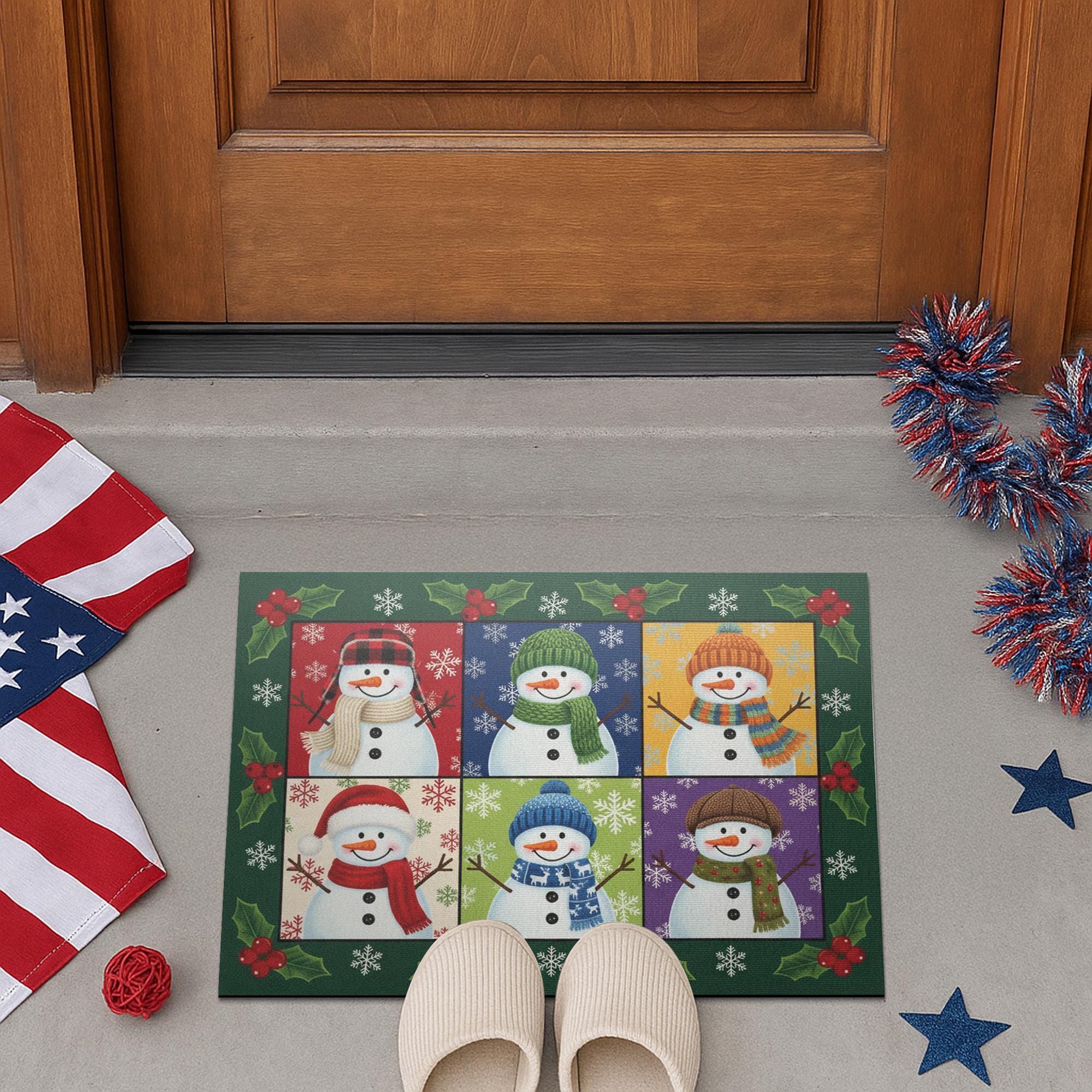 Holly Frame Snowman Panel Doormat — Checkerboard Holiday Entry Floor Mat image 4