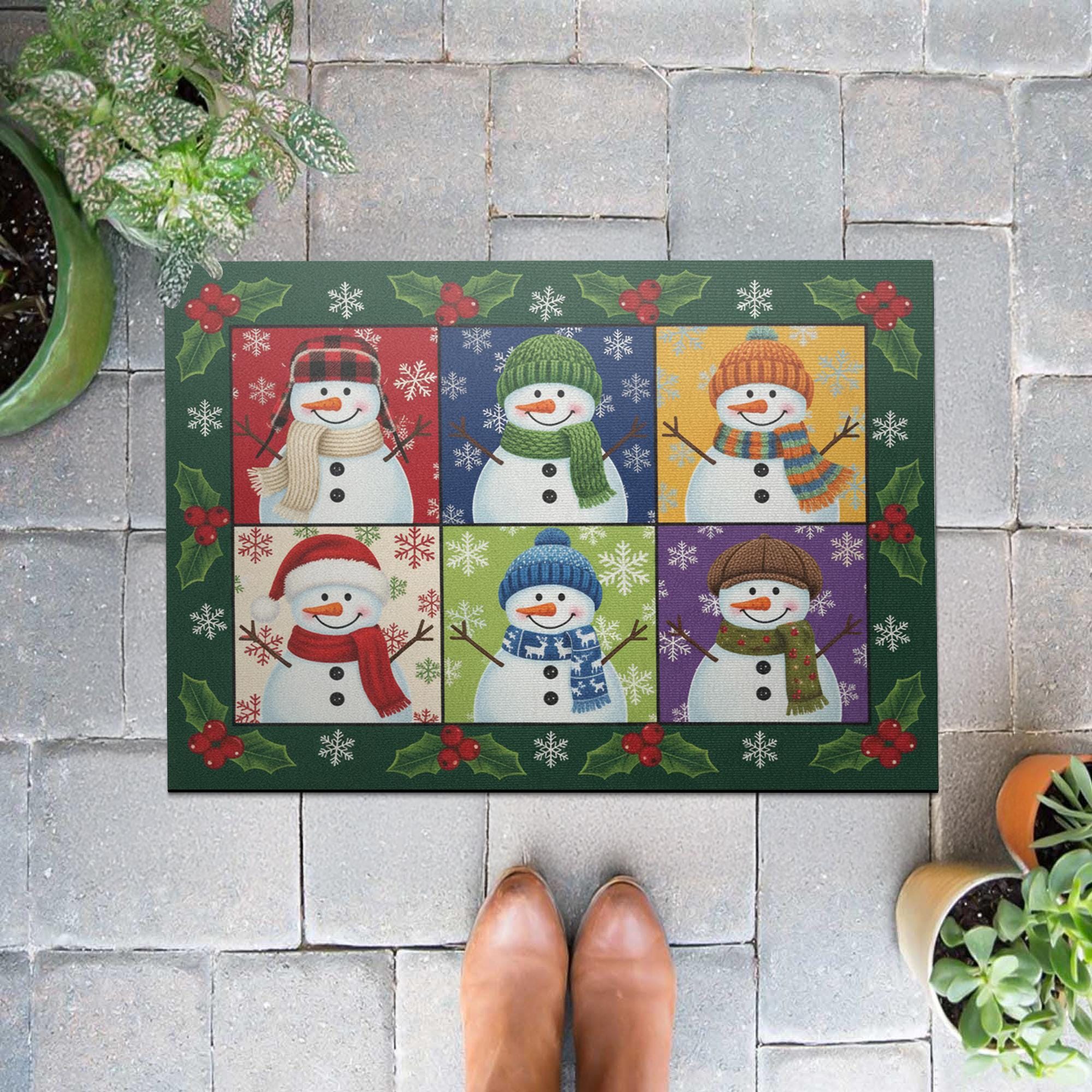Holly Frame Snowman Panel Doormat — Checkerboard Holiday Entry Floor Mat image 7