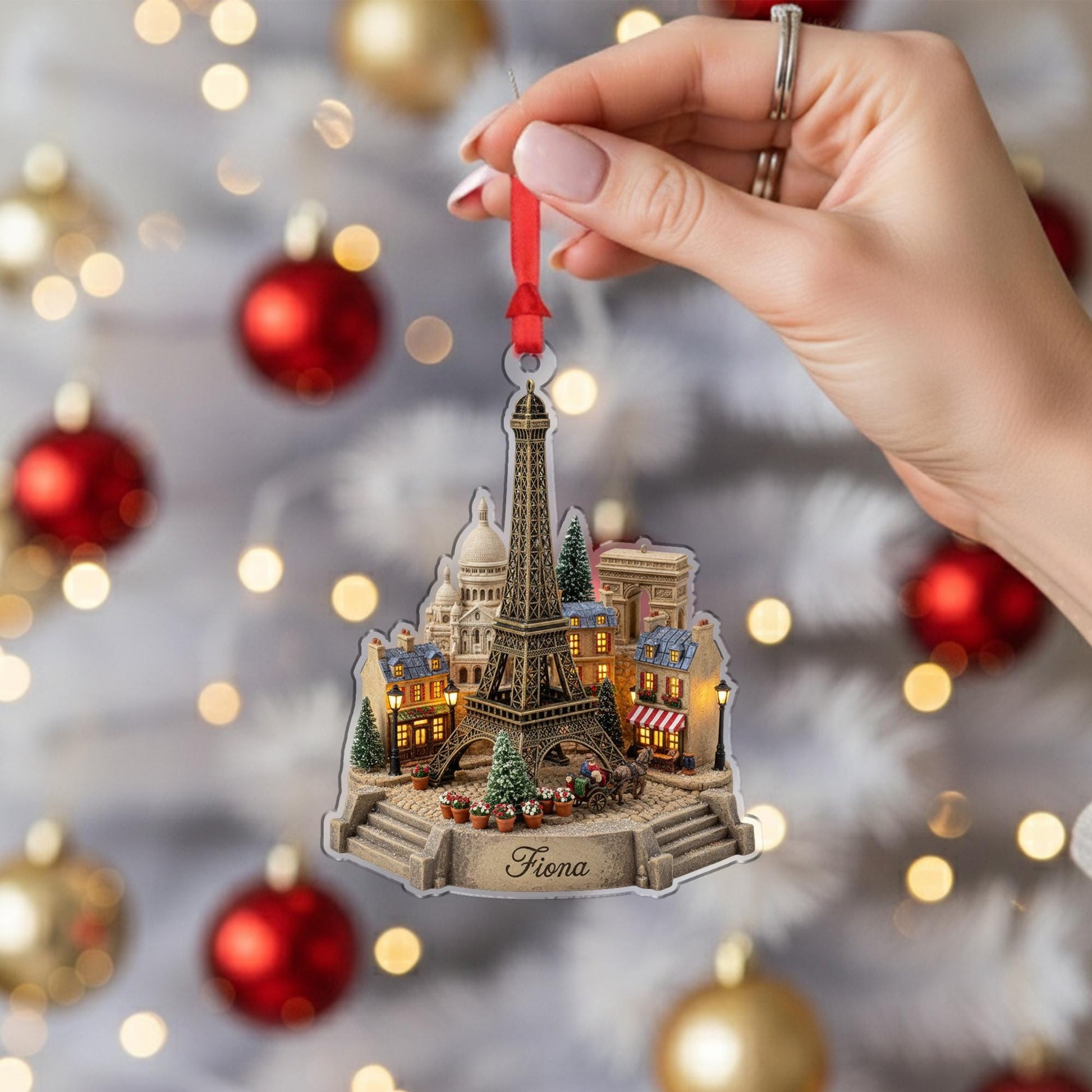 Personalised Paris Landmark Ornament — Eiffel Tower Scene with Mini-Village Details image 2