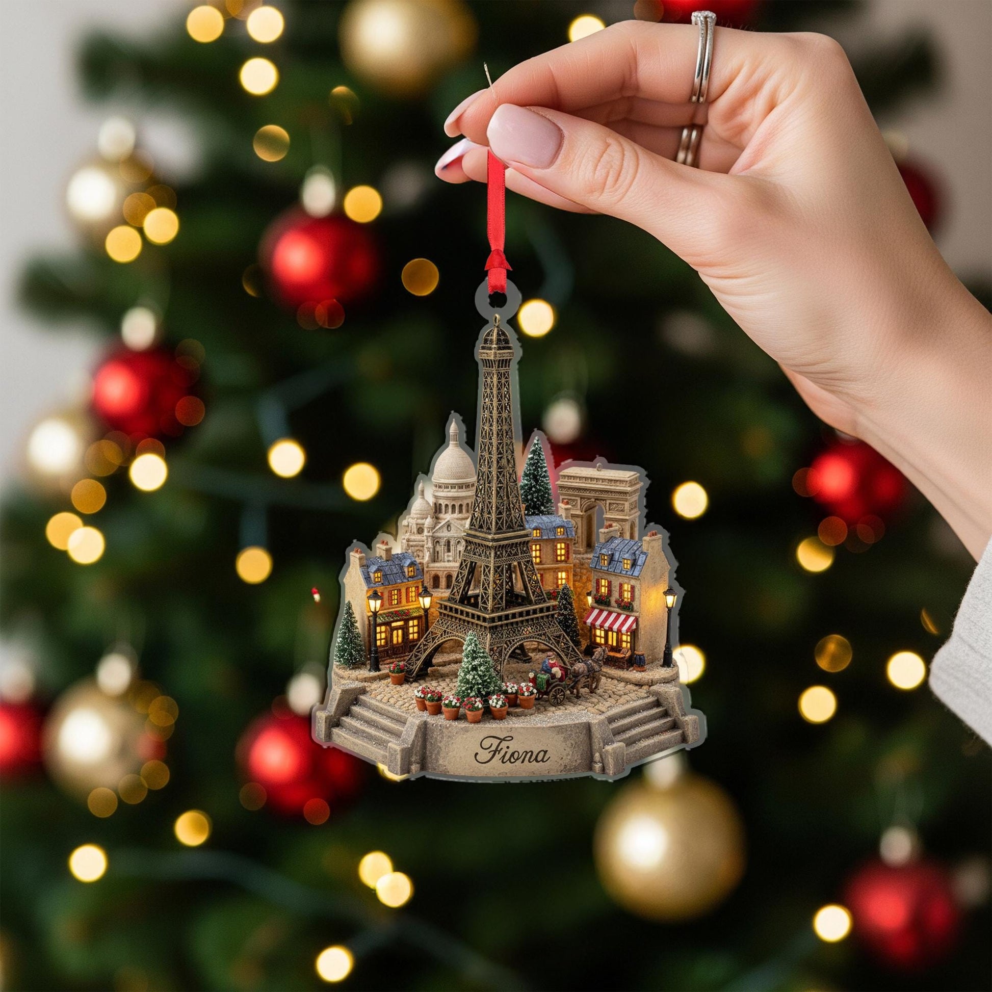 Personalised Paris Landmark Ornament — Eiffel Tower Scene with Mini-Village Details image 4