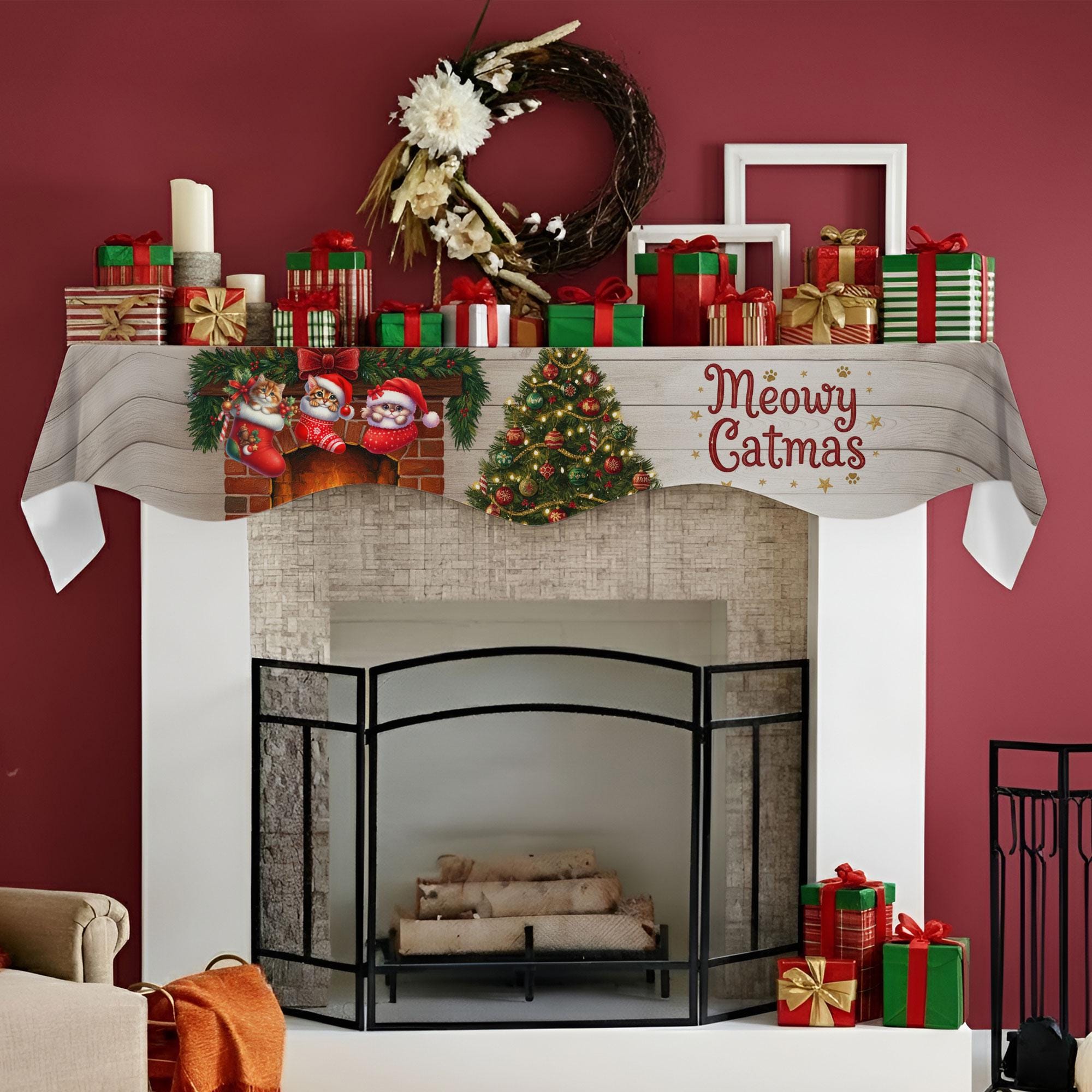 Personalized Cat Christmas Mantel Scarf: Meowy Catmas Fireplace Decor with Custom Pet Names image 7