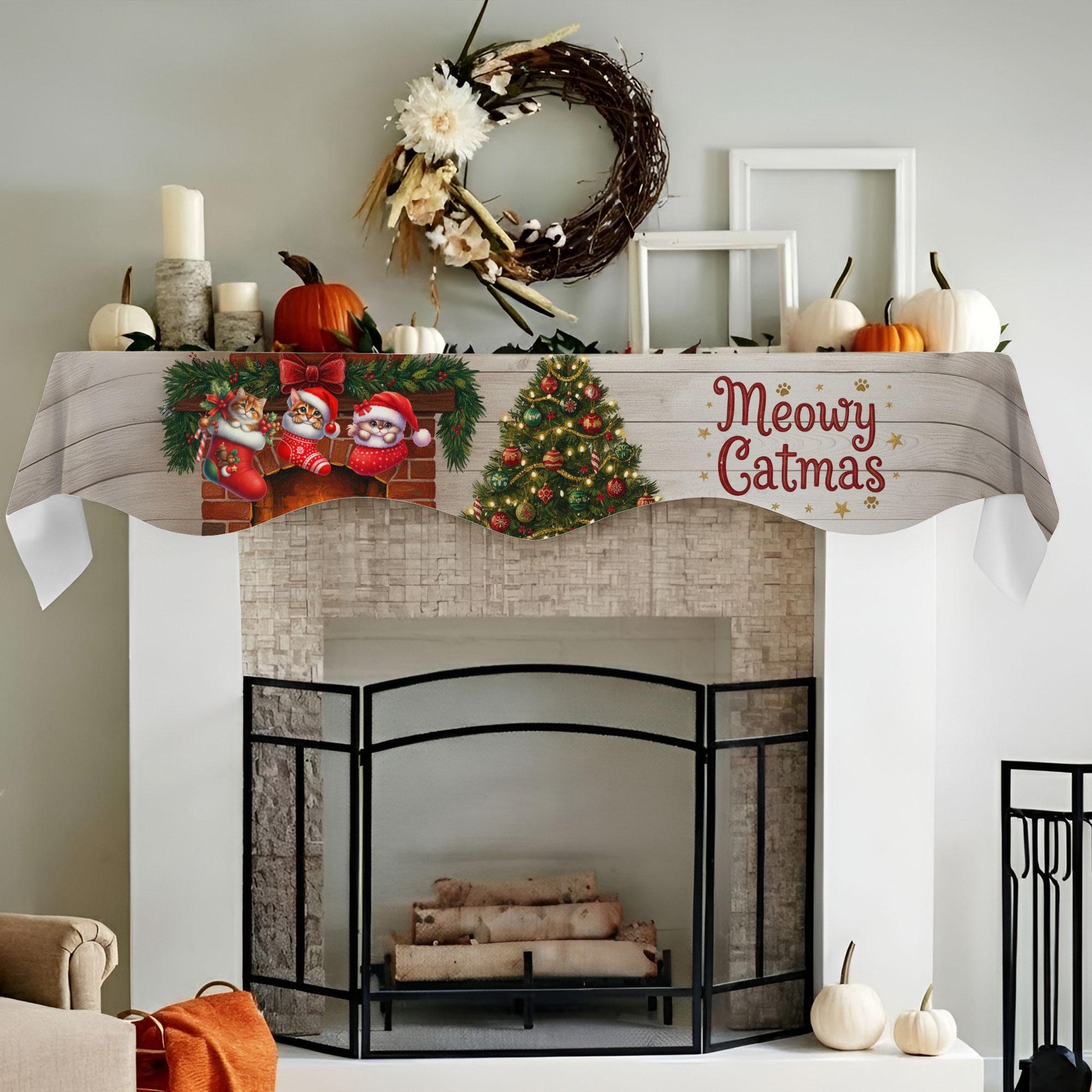 Personalized Cat Christmas Mantel Scarf: Meowy Catmas Fireplace Decor with Custom Pet Names image 6