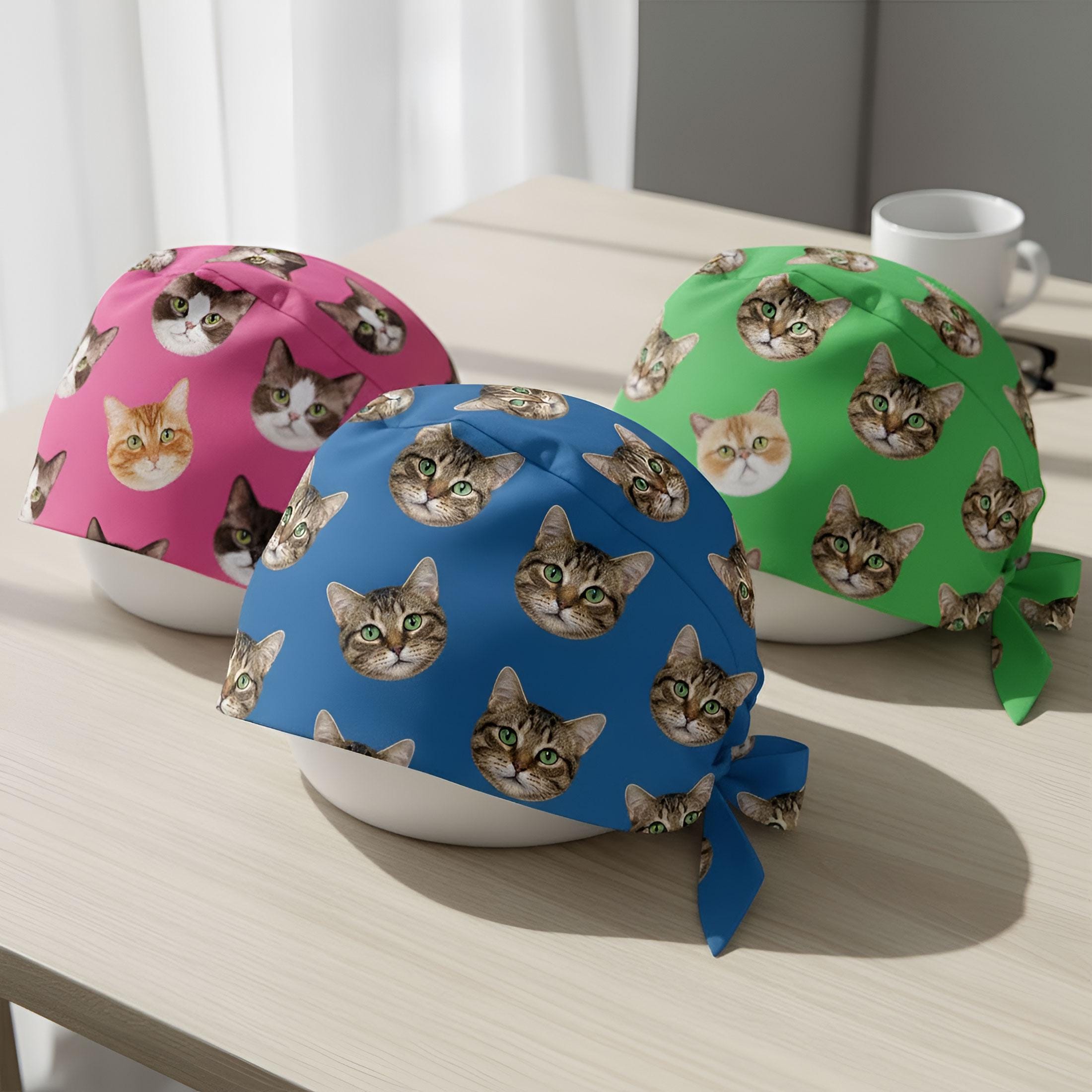 Custom Cat Face Scrub Cap: Personalized Tie Back Surgical Hat image 2