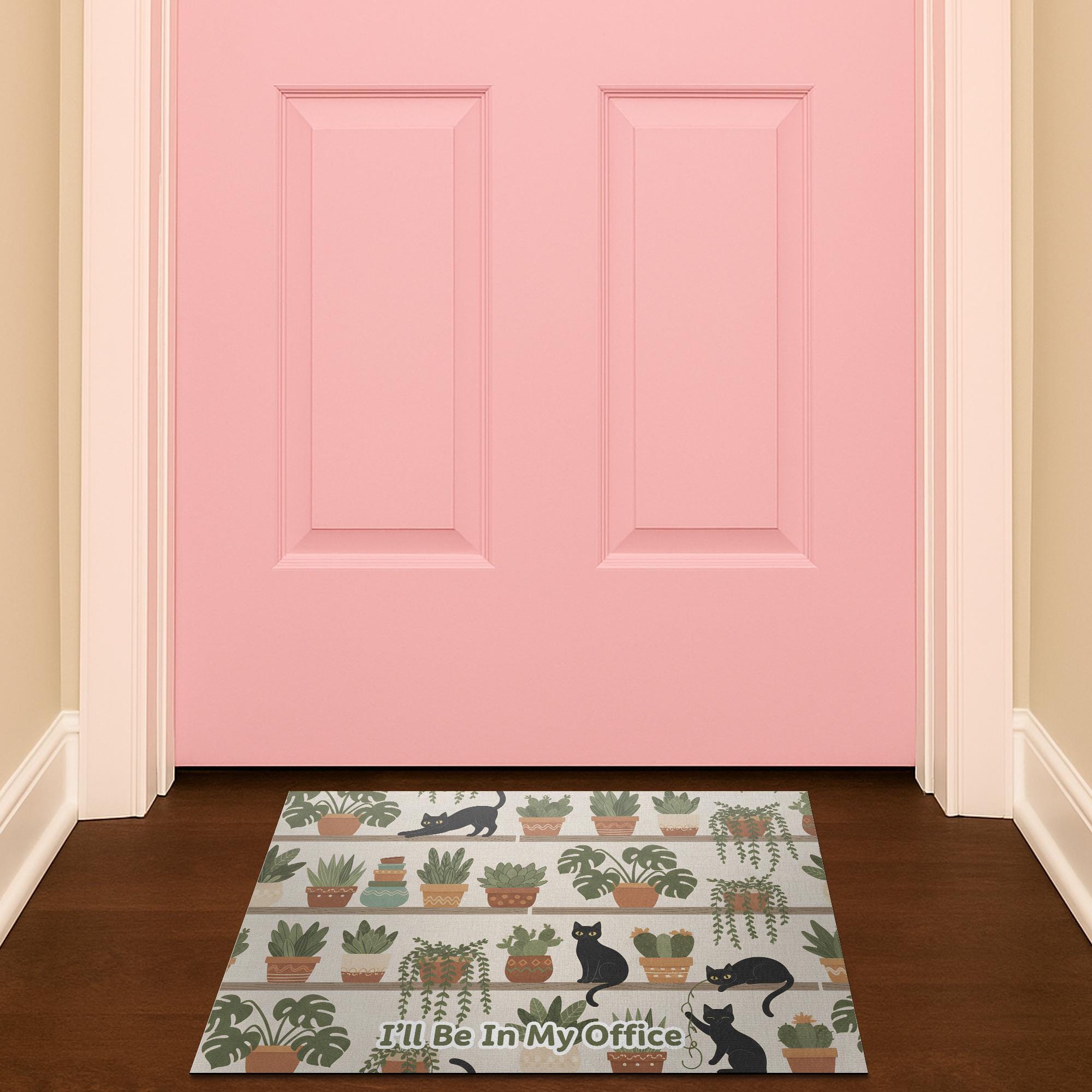 Cat & Plant Doormat – Indoor Outdoor Entry Mat with Succulent Pattern image 2