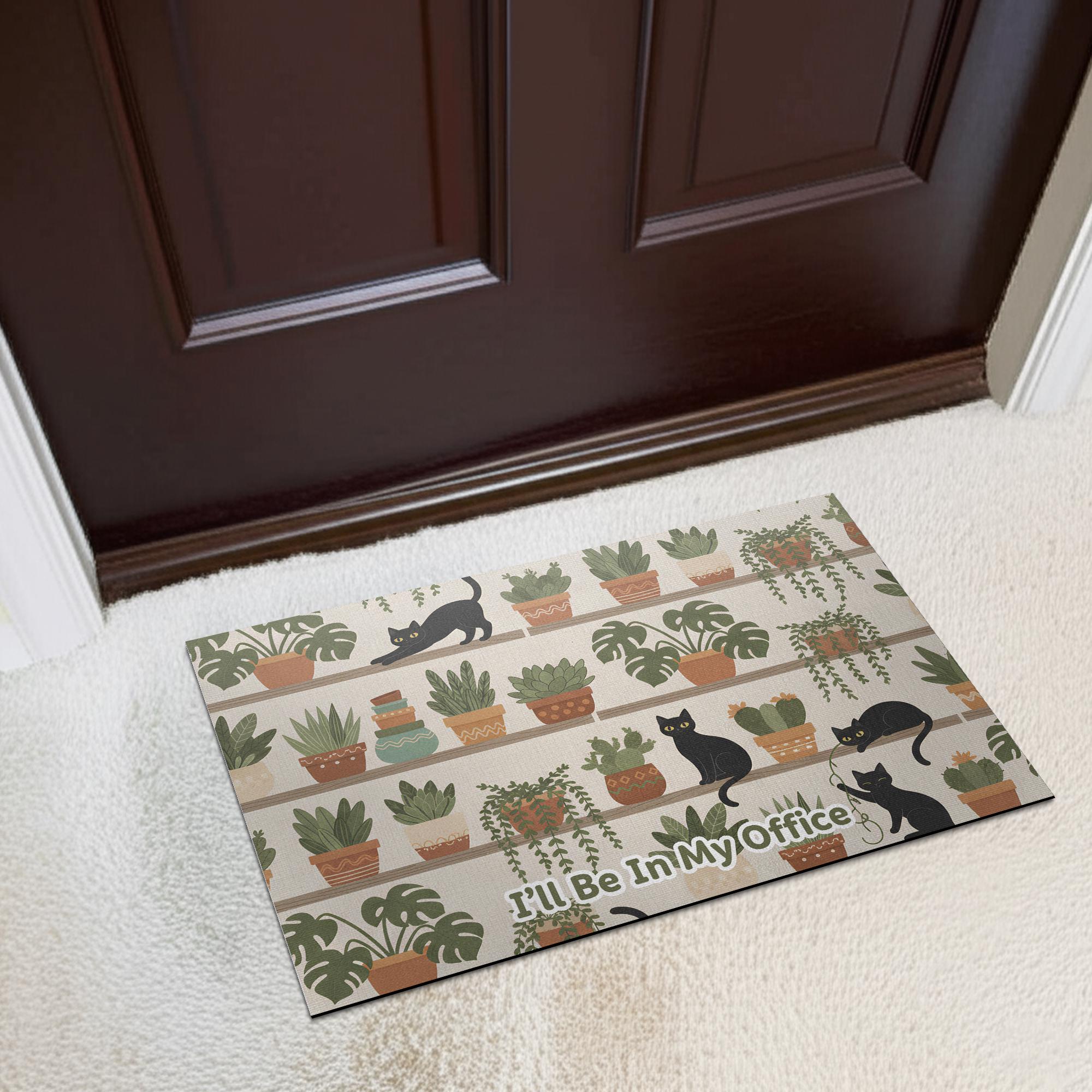 Cat & Plant Doormat – Indoor Outdoor Entry Mat with Succulent Pattern image 1