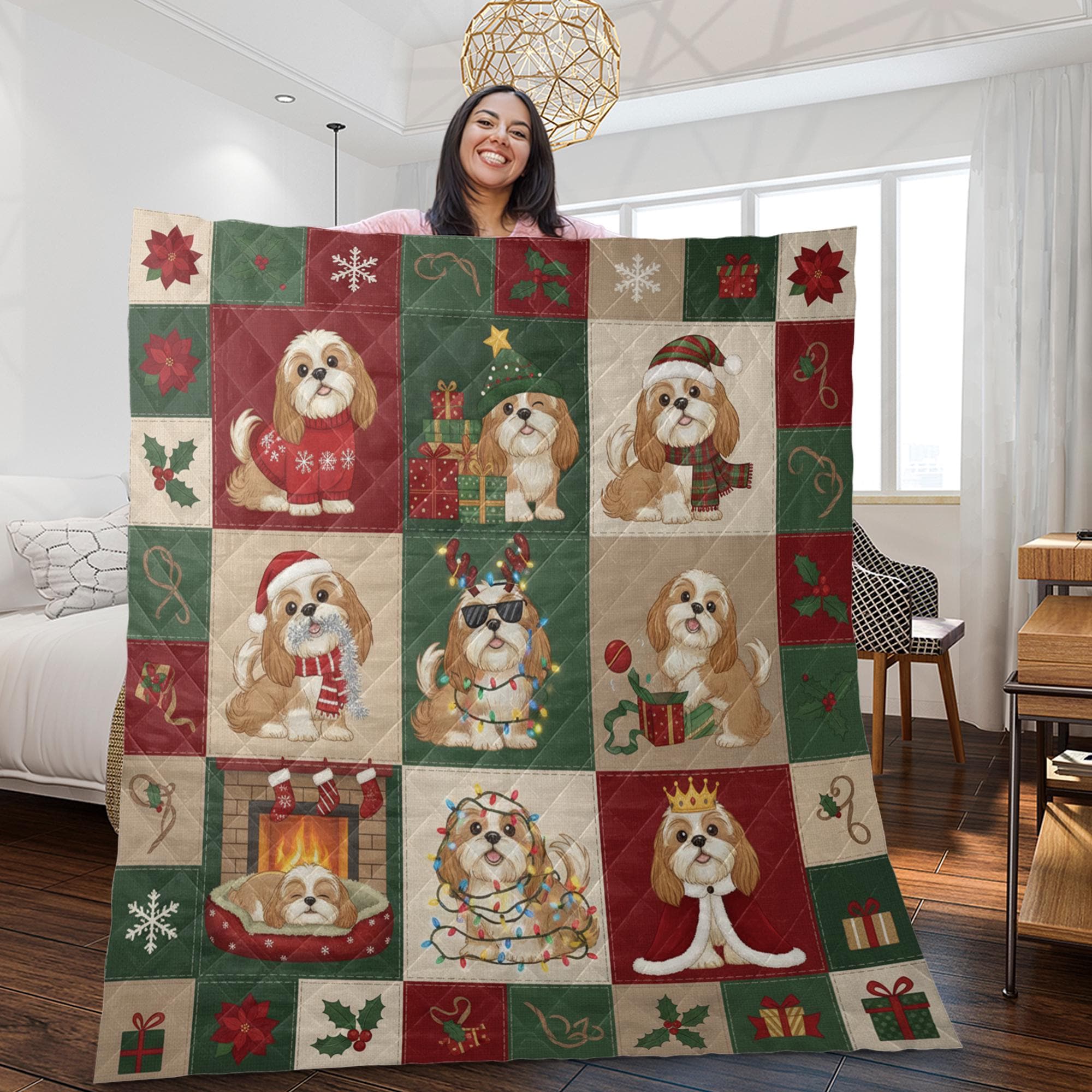Shih Tzu Quilted Christmas Blanket, Patchwork Dog Throw image 1