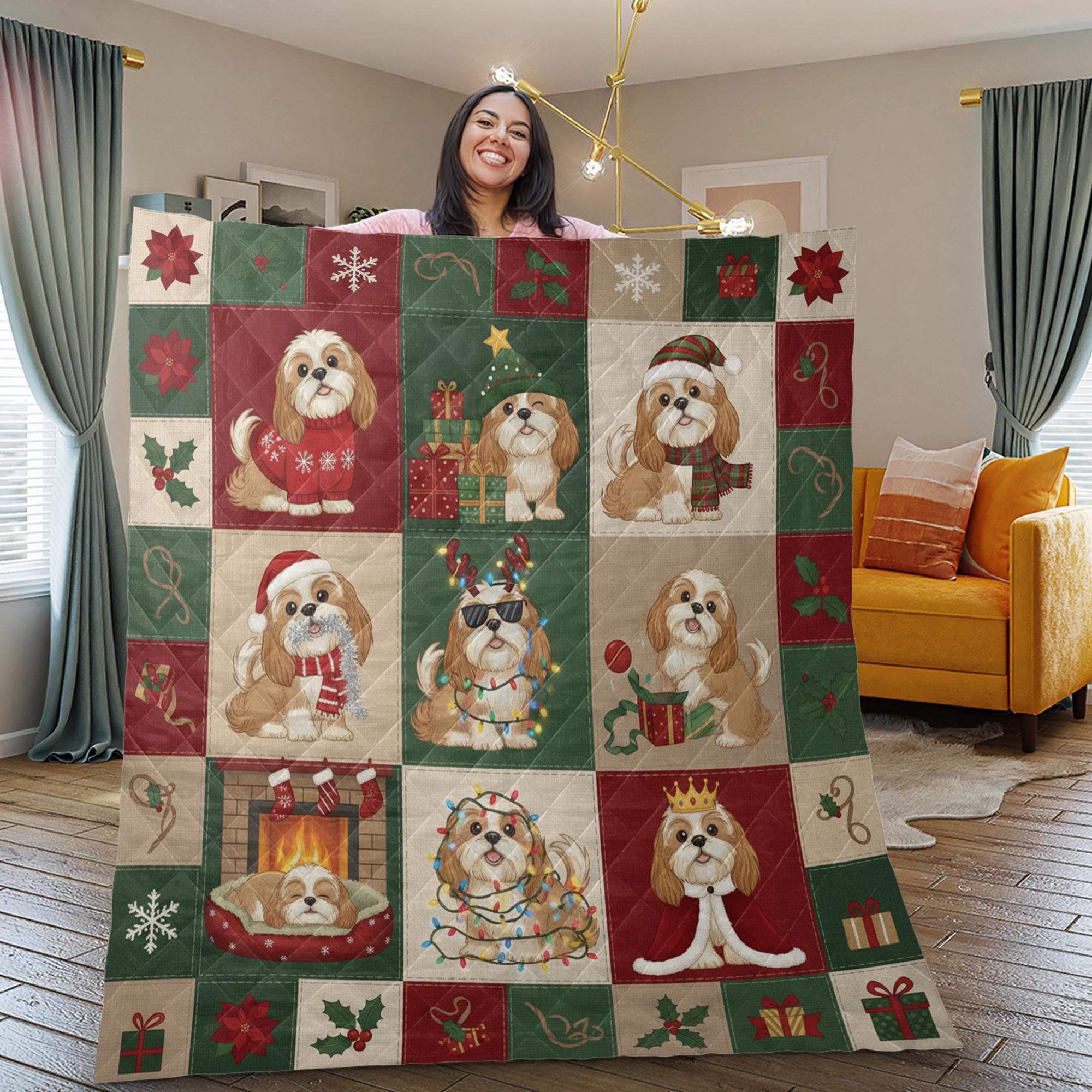 Shih Tzu Quilted Christmas Blanket, Patchwork Dog Throw image 2
