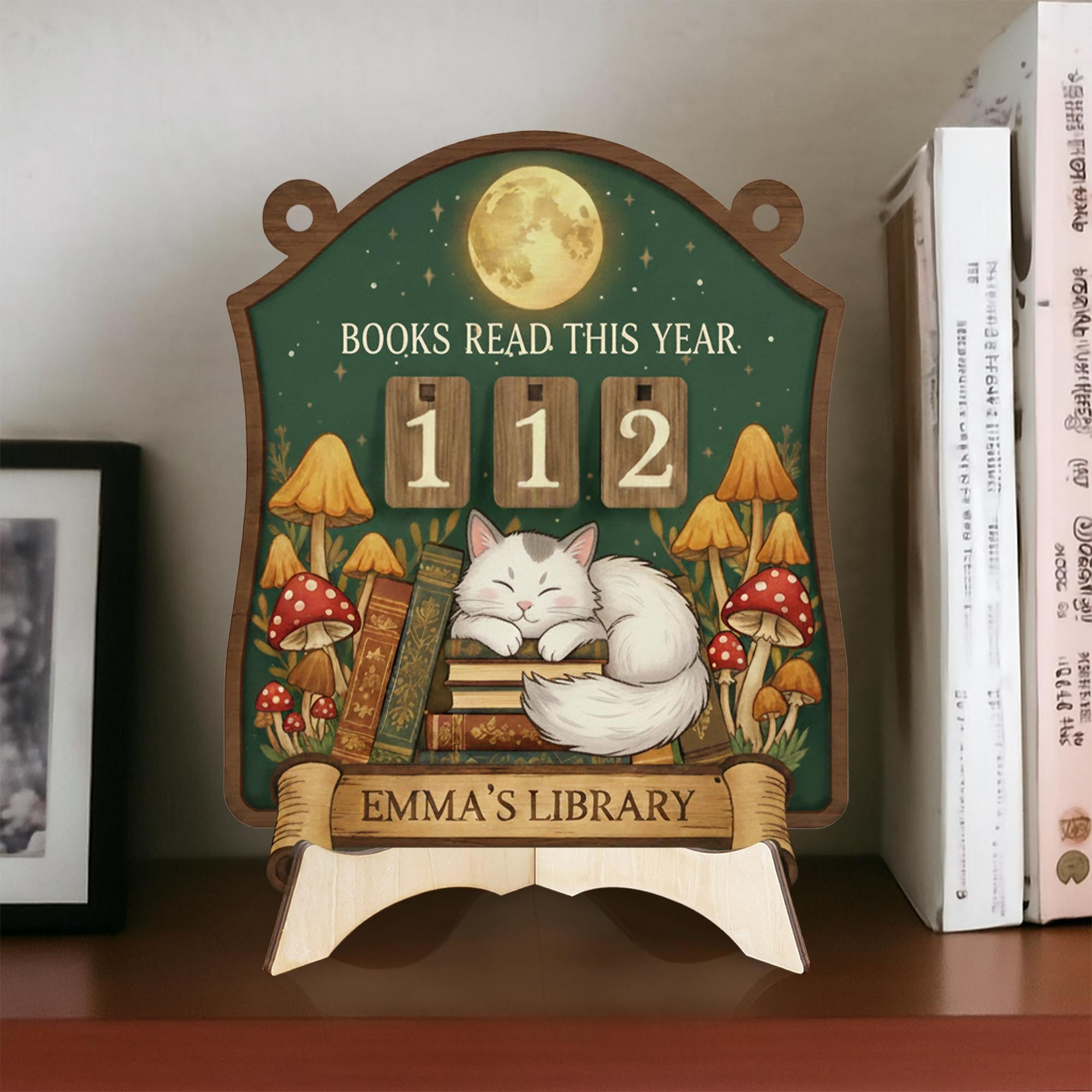 Personalized Cat Book Tracker Sign – Custom Woodland Reading Goal Counter Library Decor Gift image 3