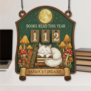 Personalized Cat Book Tracker Sign – Custom Woodland Reading Goal Counter Library Decor Gift image 1