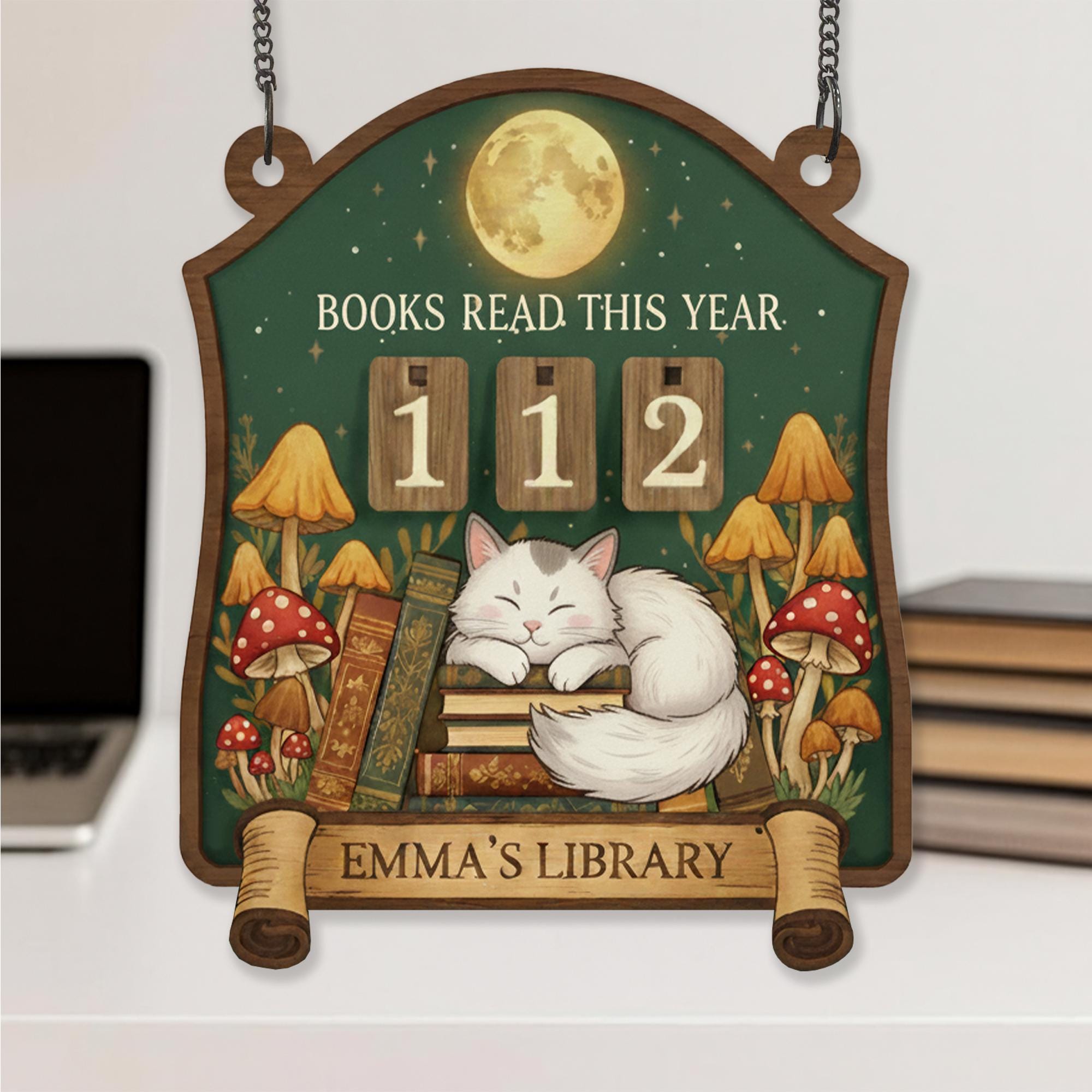 Personalized Cat Book Tracker Sign – Custom Woodland Reading Goal Counter Library Decor Gift image 1