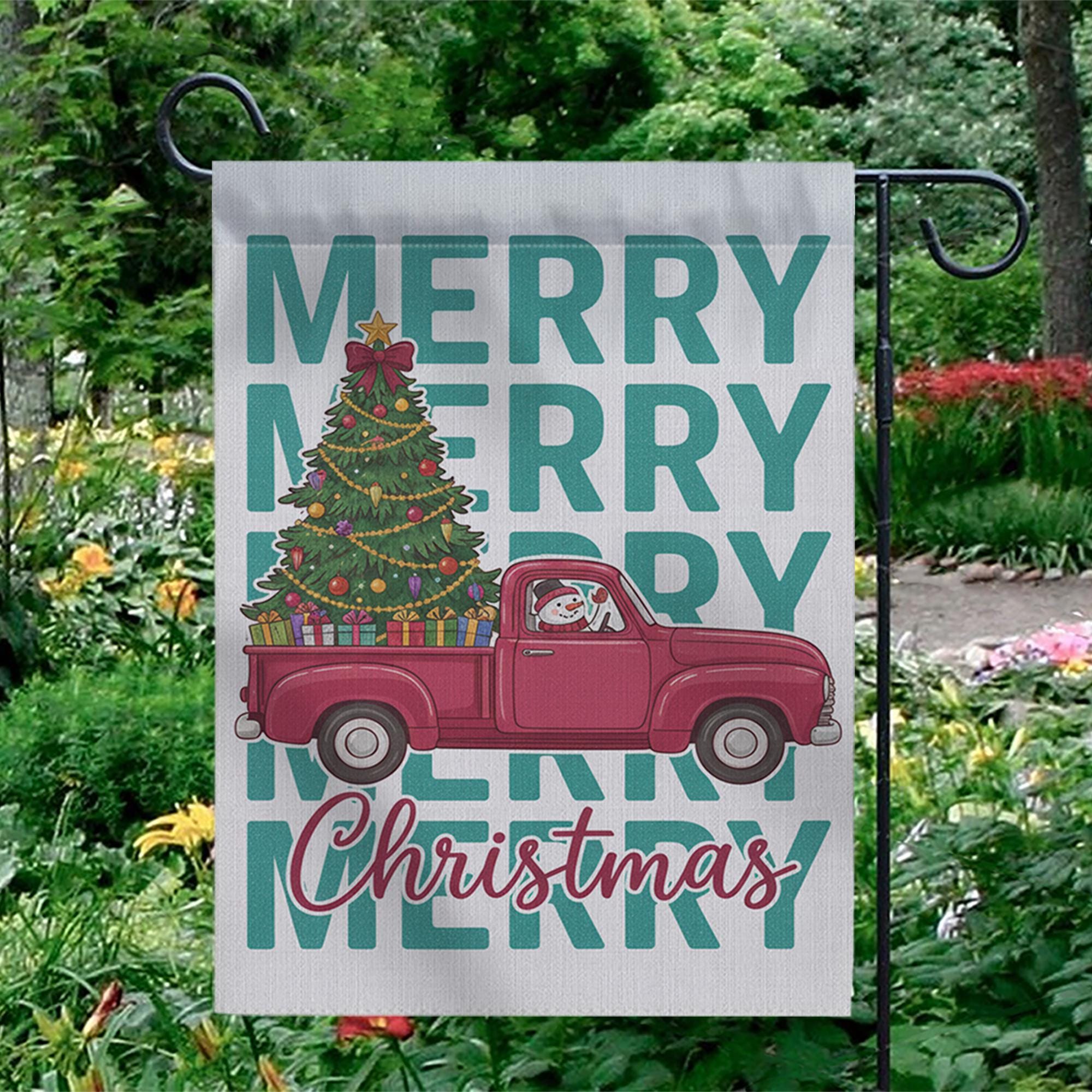 Red Truck Christmas Garden Flag, Vintage Snowman Holiday Decor image 1
