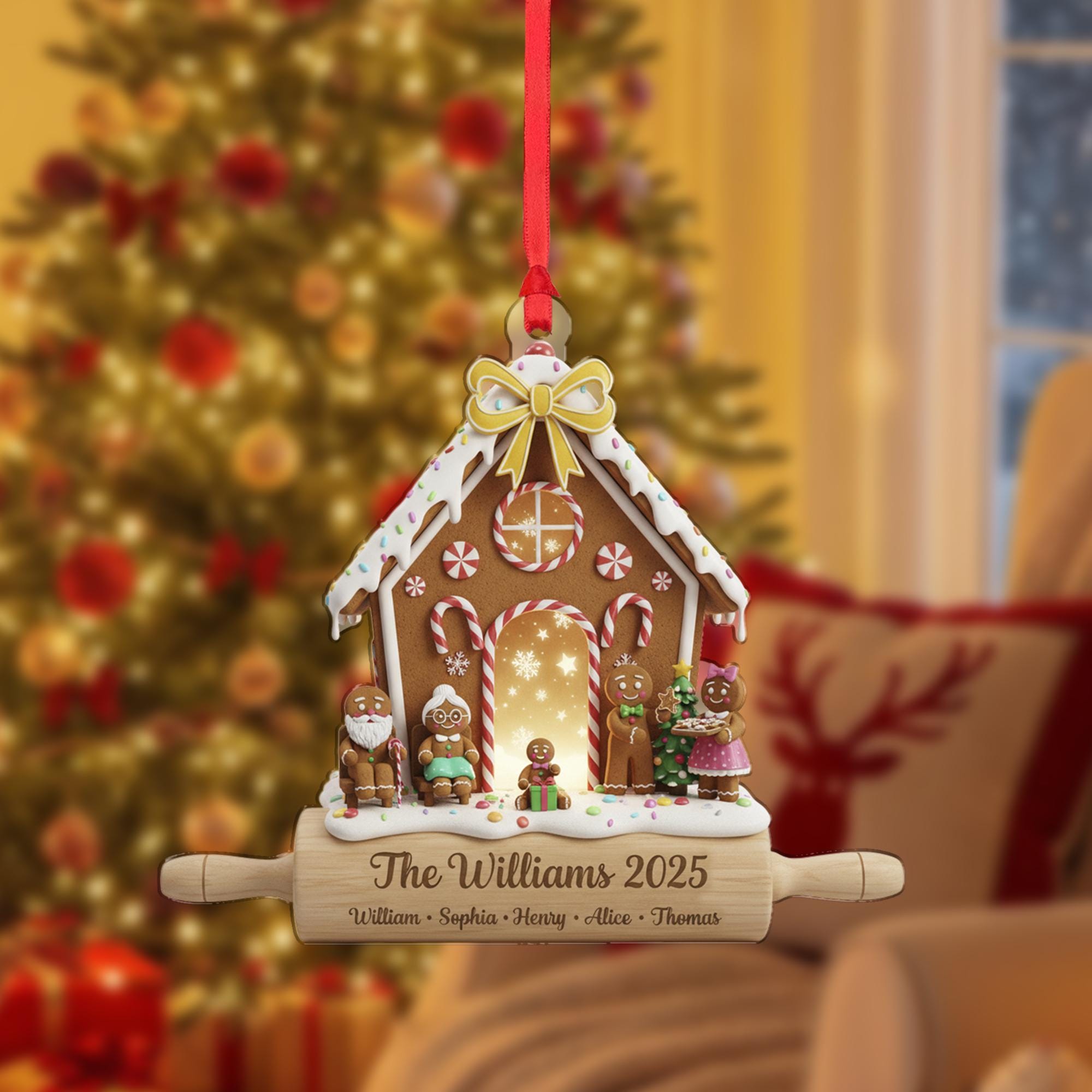 Personalized Gingerbread Family Ornament, Light-Up House Keepsake, Custom Names on Rolling Pin, Christmas 2025 image 1