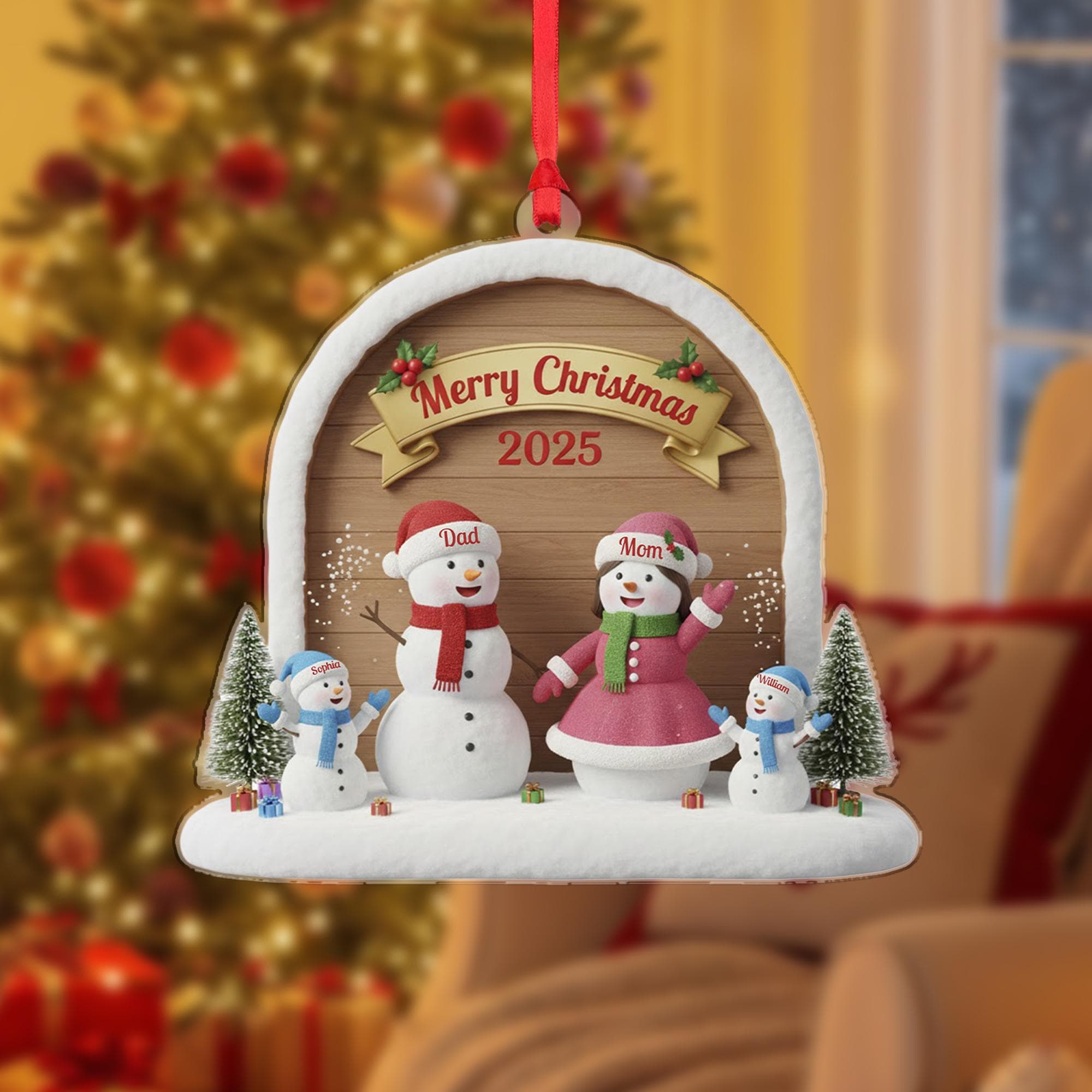 Personalized Snowman Family Ornament, Custom Names Keepsake, "Merry Christmas 2025", Wood Background Decor image 1