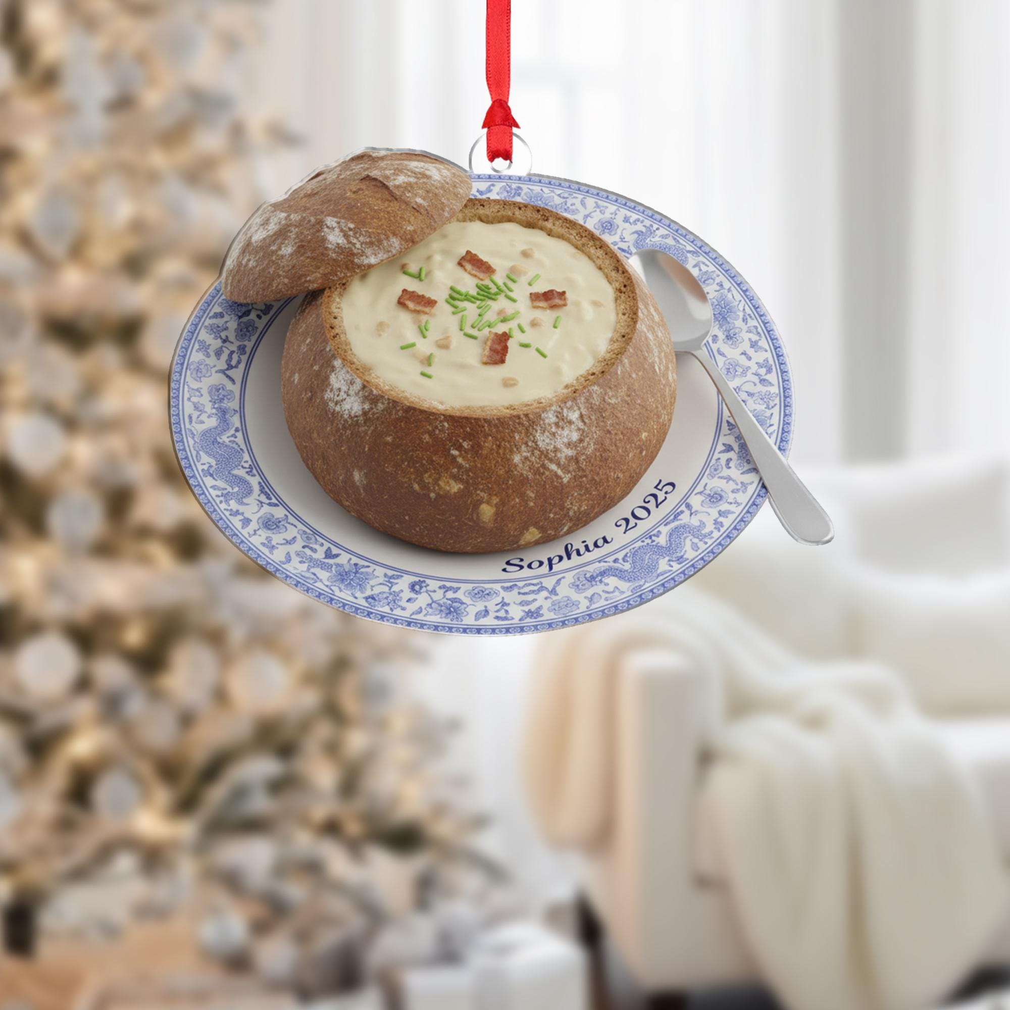 Personalized Clam Chowder Ornament, Bread Bowl Keepsake, Custom Name Food Decor, Blue Floral Plate image 2