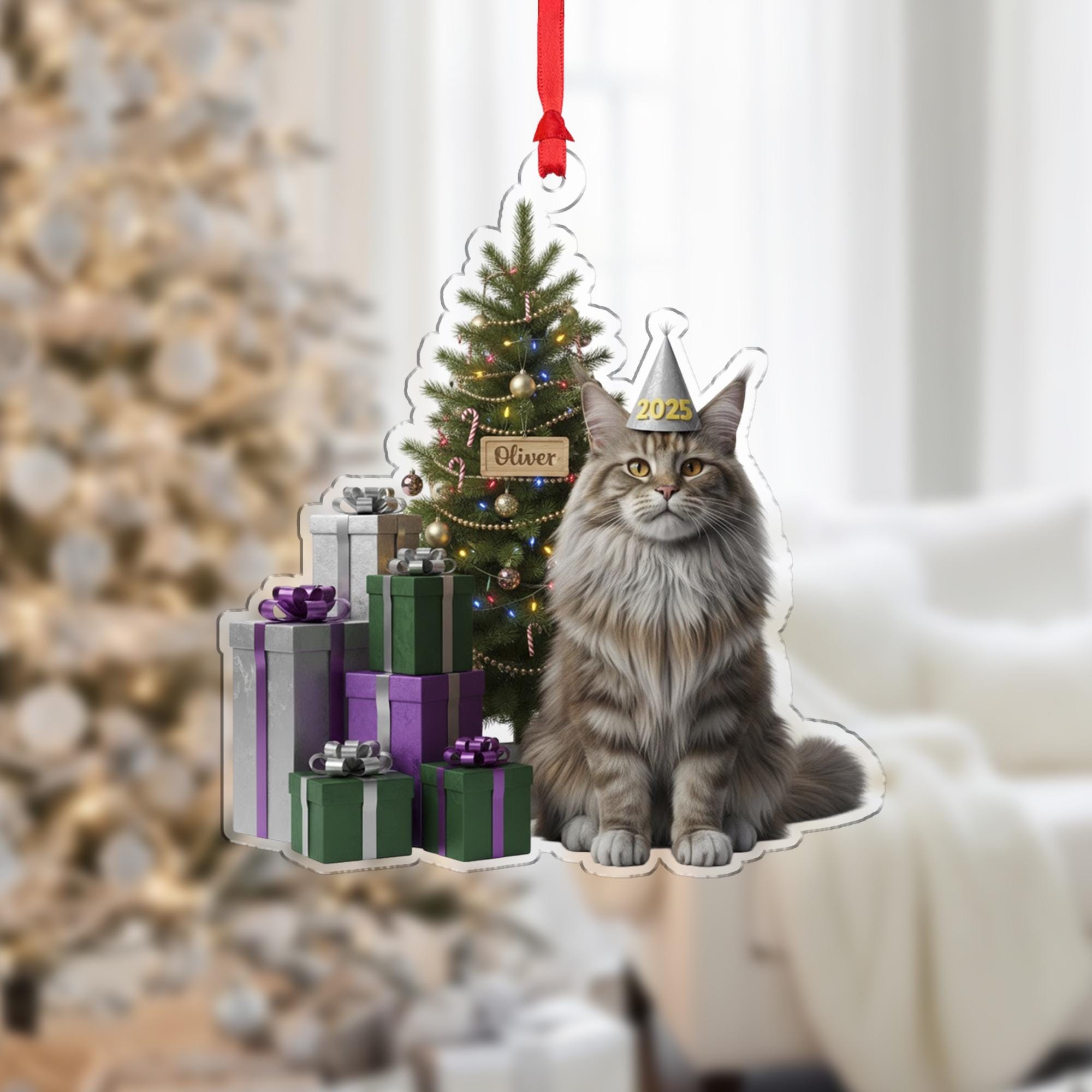 Personalized Maine Coon Ornament, Custom Cat Name Keepsake, Christmas 2025 Pet Decor, Acrylic Tree Hanger image 1