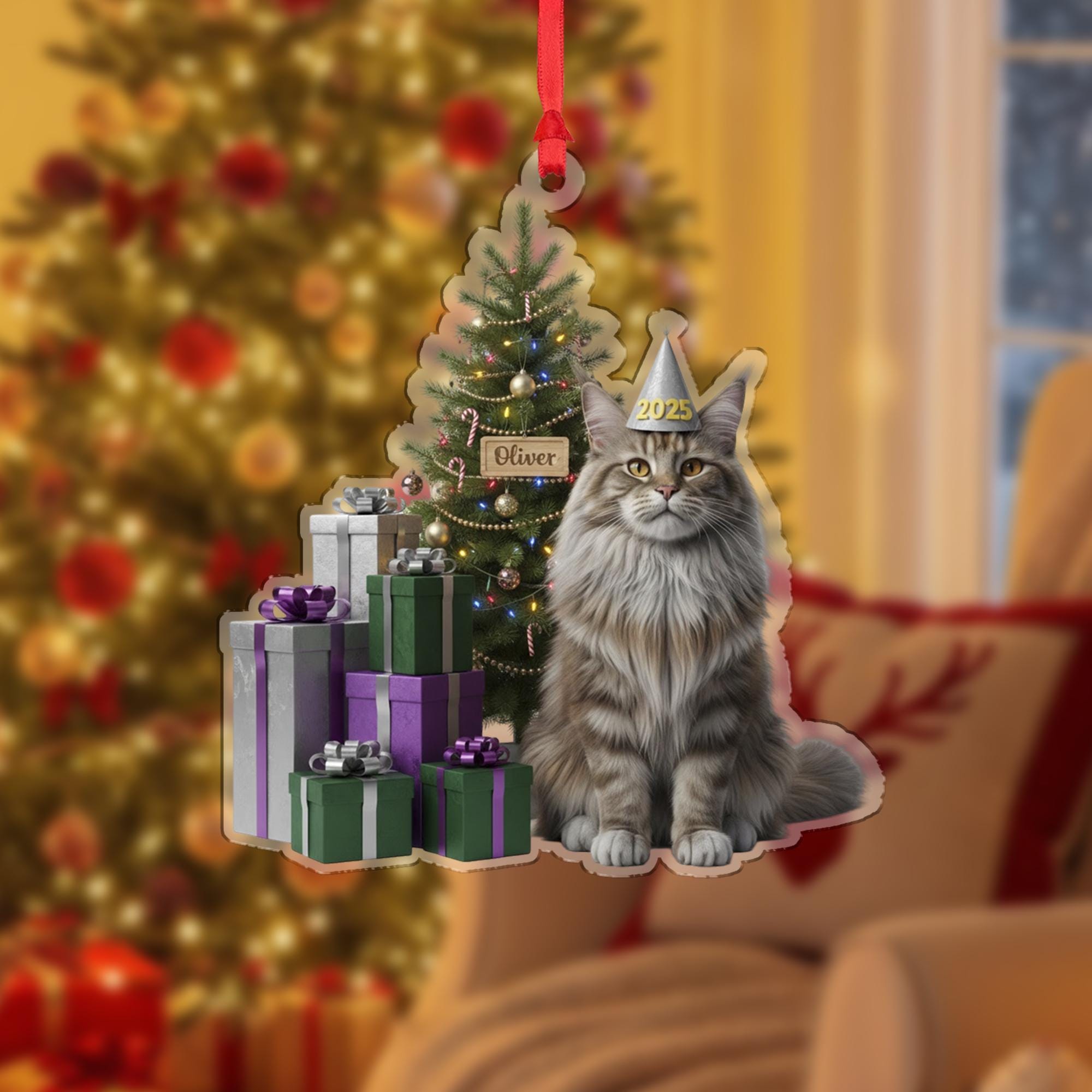Personalized Maine Coon Ornament, Custom Cat Name Keepsake, Christmas 2025 Pet Decor, Acrylic Tree Hanger image 2