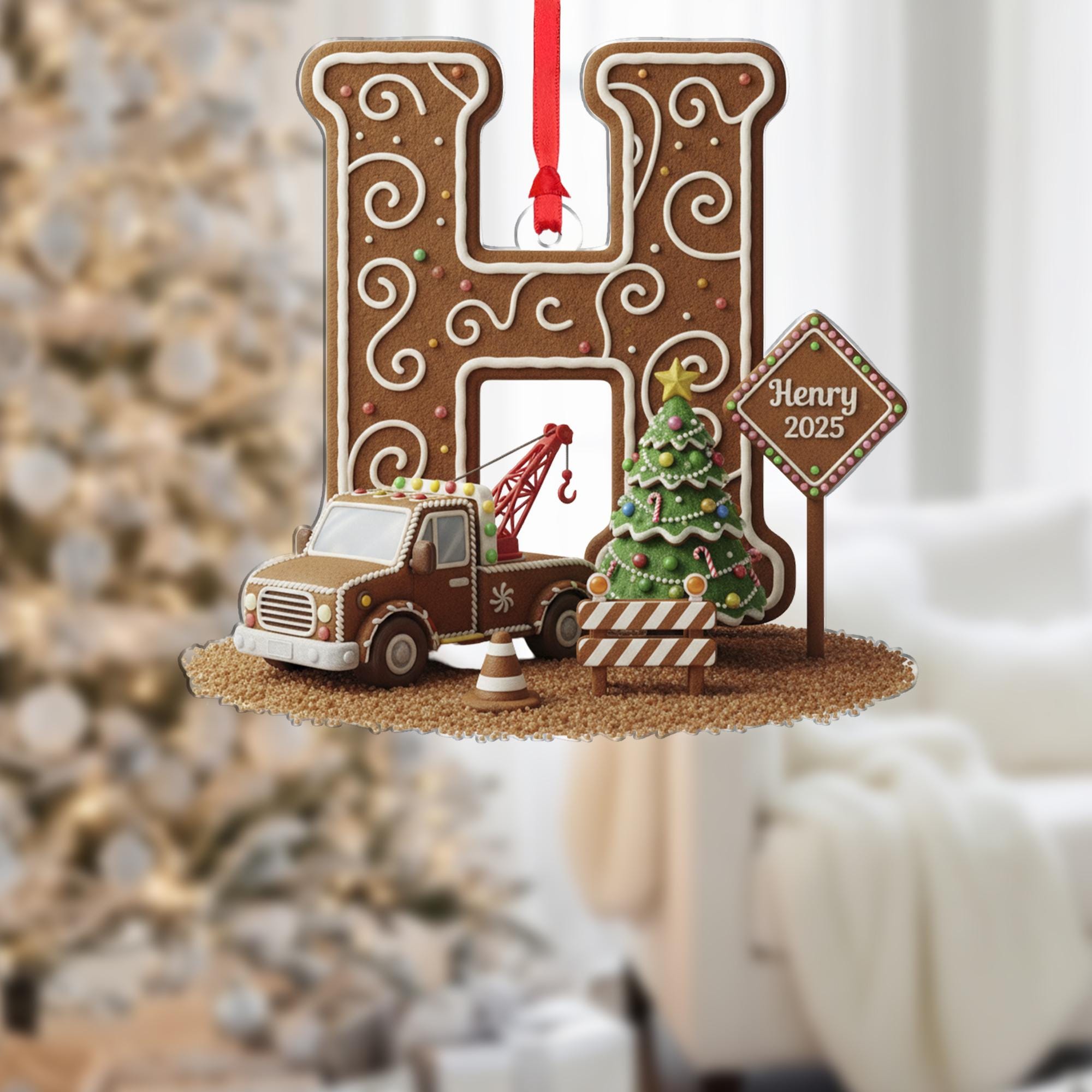 Personalized Construction Ornament, Gingerbread Letter Keepsake, Custom Initial Tow Truck, Christmas 2025 image 2