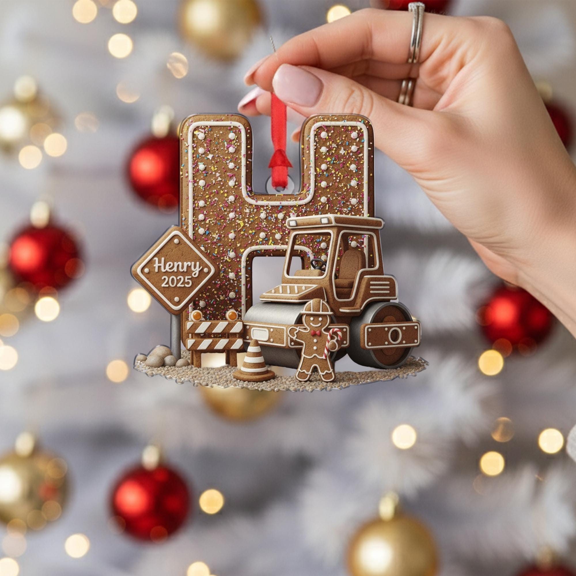 Personalized Construction Ornament, Gingerbread Letter Keepsake, Custom Initial Road Roller, Christmas 2025 image 1