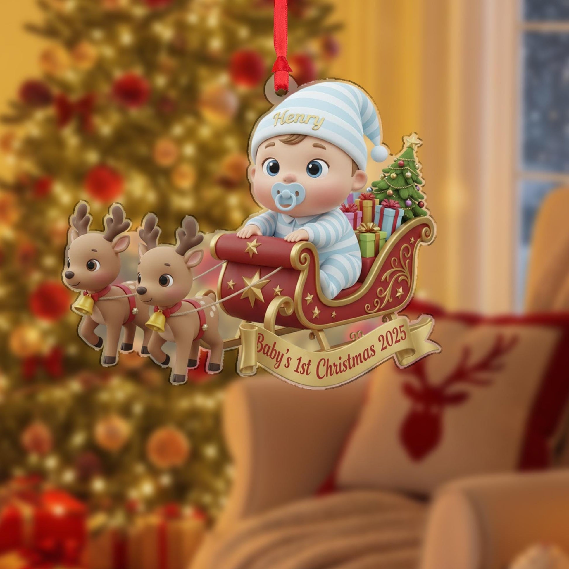 Personalized Baby's First Christmas Ornament, Baby in Sleigh, Custom Keepsake image 3