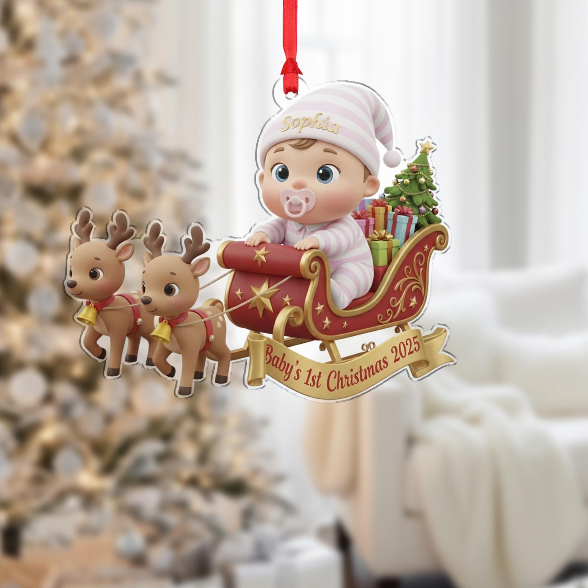 Personalized Baby's First Christmas Ornament, Baby in Sleigh, Custom Keepsake image 4