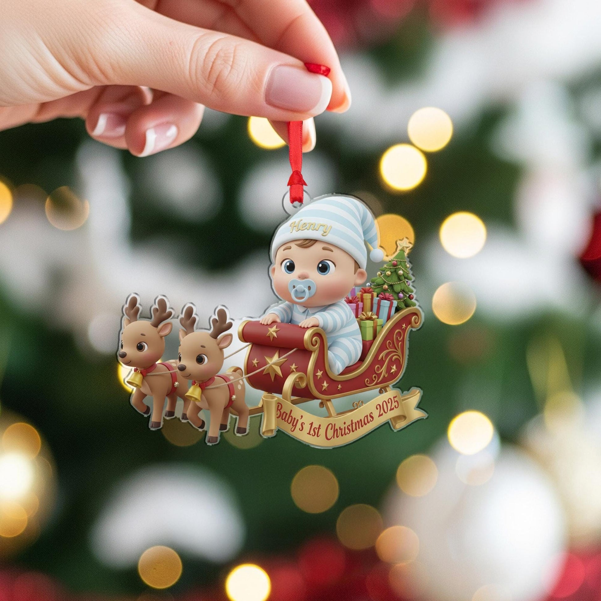 Personalized Baby's First Christmas Ornament, Baby in Sleigh, Custom Keepsake image 8