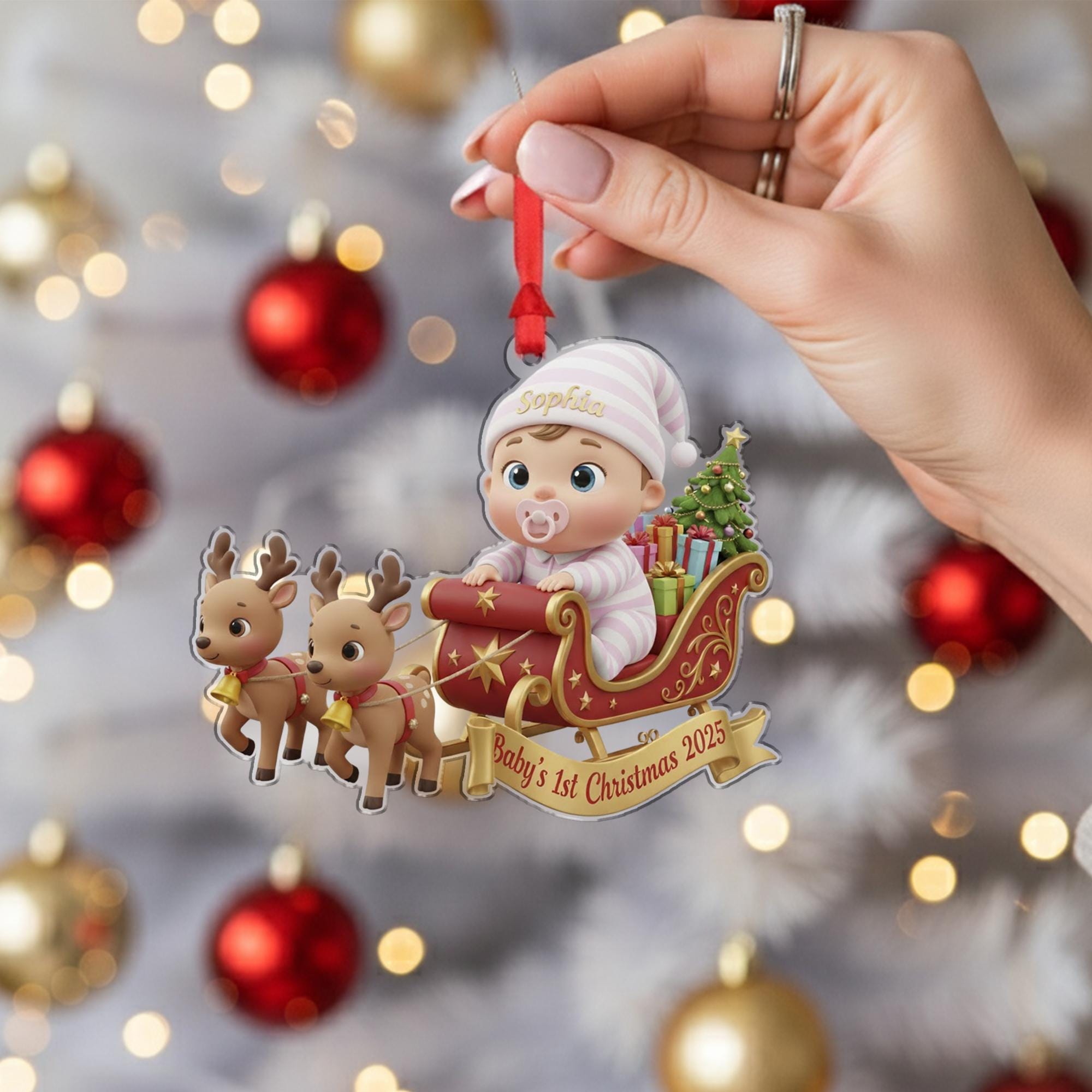 Personalized Baby's First Christmas Ornament, Baby in Sleigh, Custom Keepsake image 15