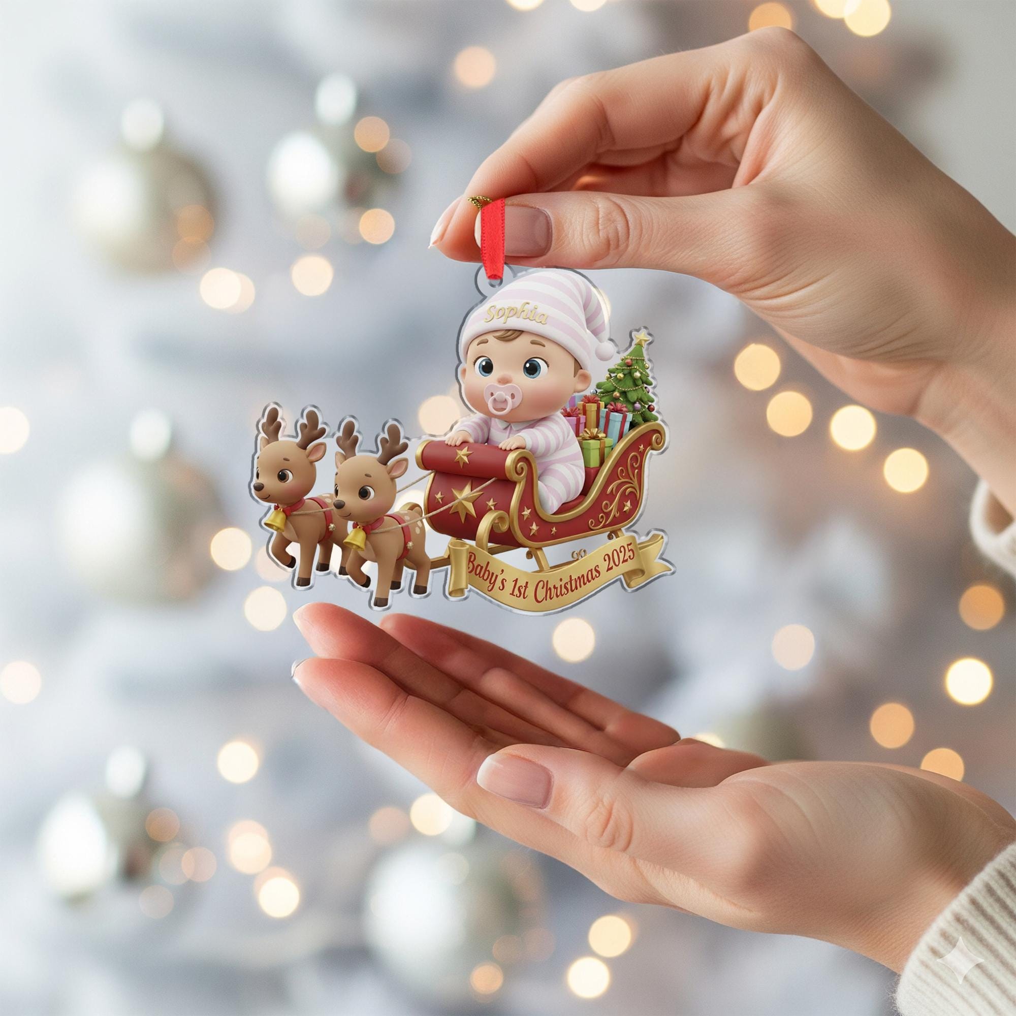 Personalized Baby's First Christmas Ornament, Baby in Sleigh, Custom Keepsake image 12