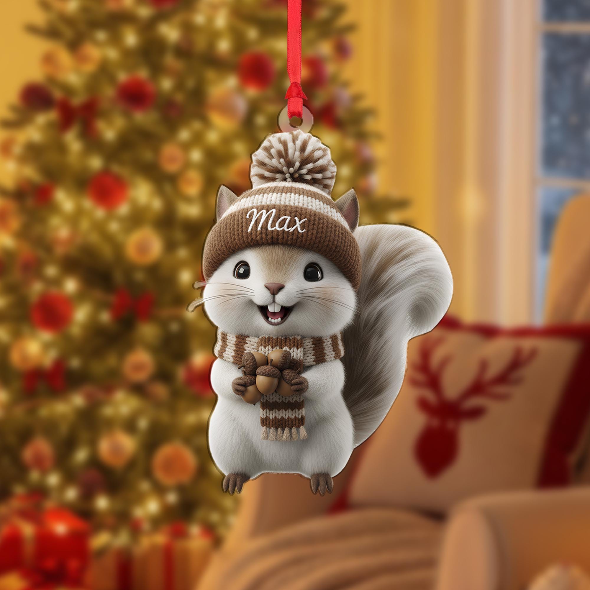 Personalized Squirrel Ornament, Custom Name Hat Keepsake, Acrylic Animal Decor, Woodland Christmas image 2