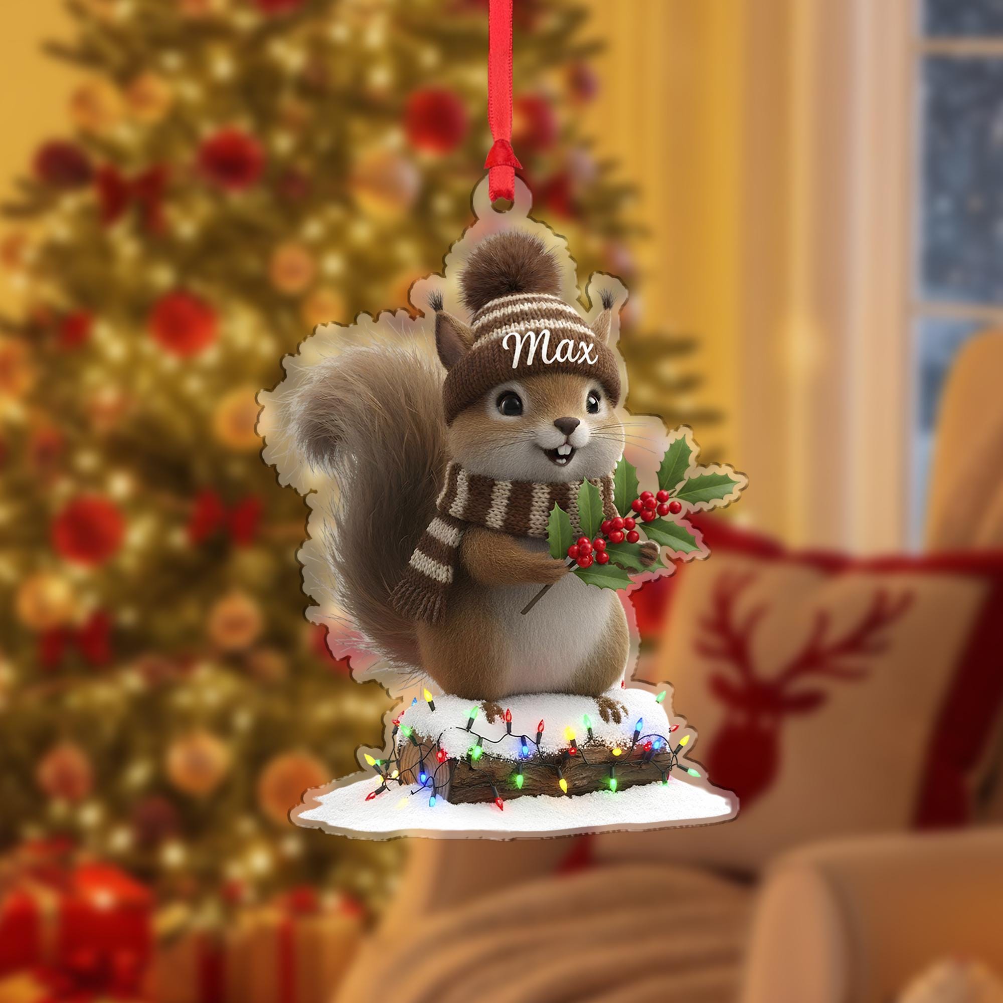 Personalized Squirrel Ornament, Custom Name Keepsake, Woodland Animal on Log, Acrylic Christmas Decor image 1