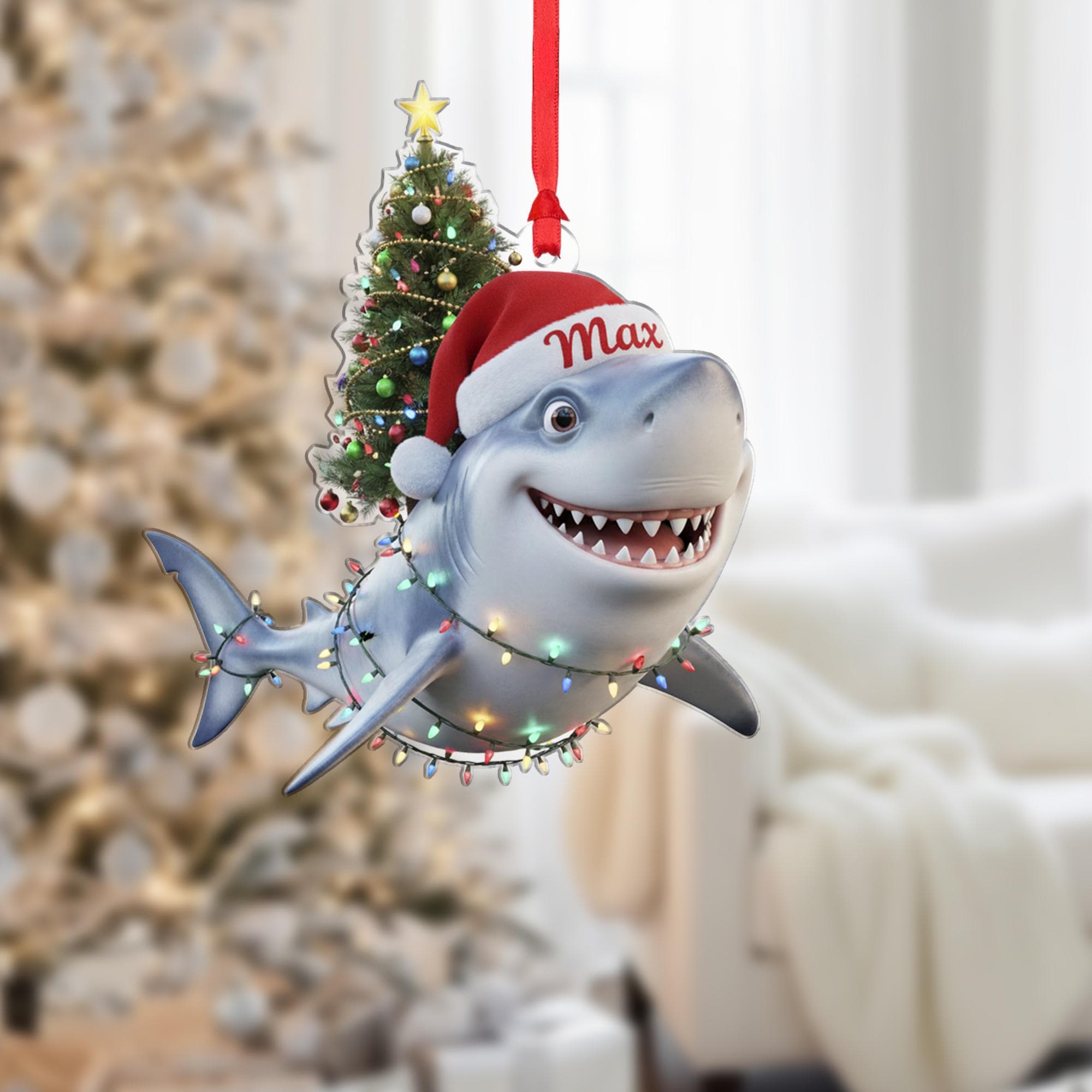 Personalized Shark Ornament, Custom Name Santa Hat, Christmas Tree Keepsake, Acrylic Animal Decor image 1