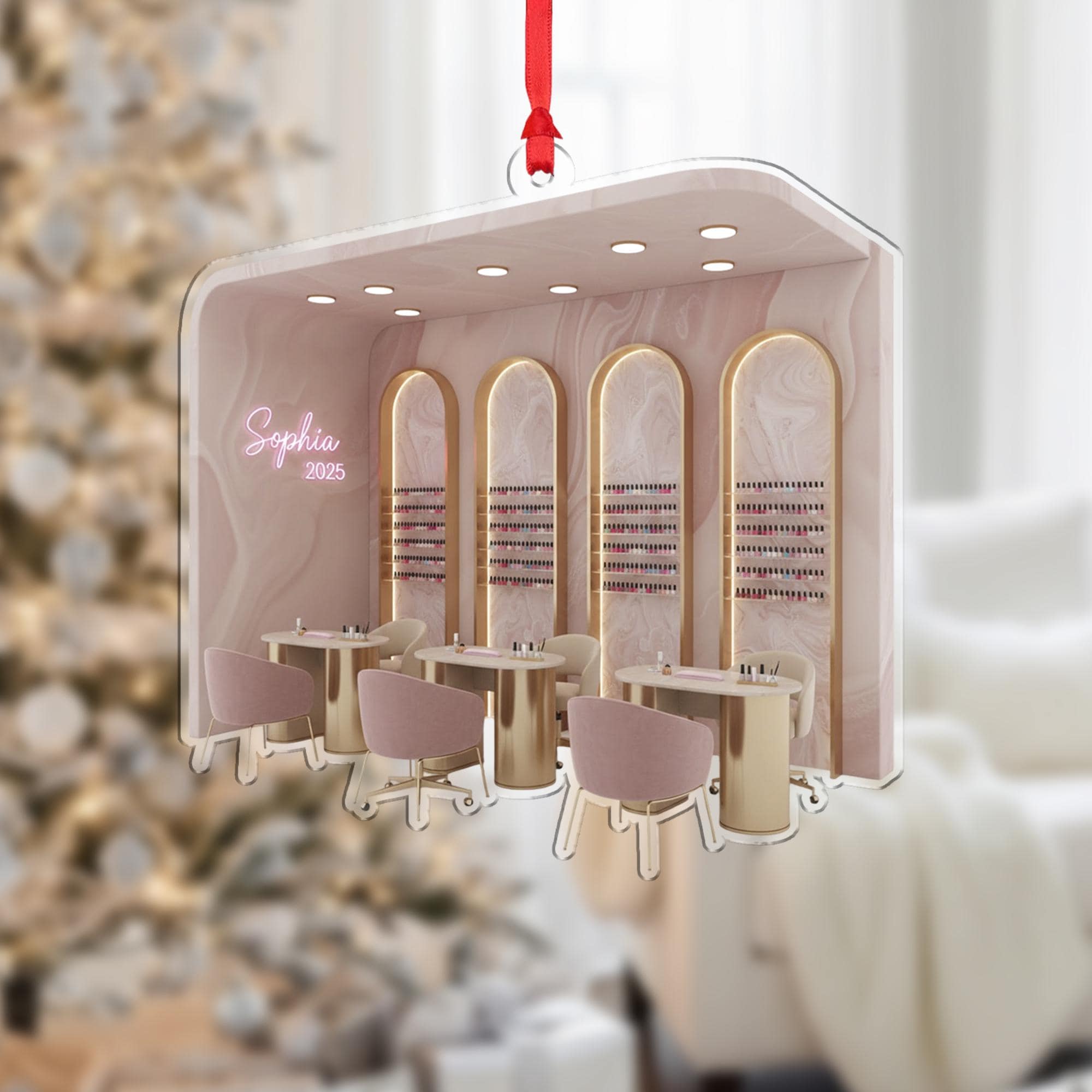Personalized Nail Salon Ornament, Pink Glam Decor Keepsake, Custom Name 2025, Acrylic Manicurist image 1
