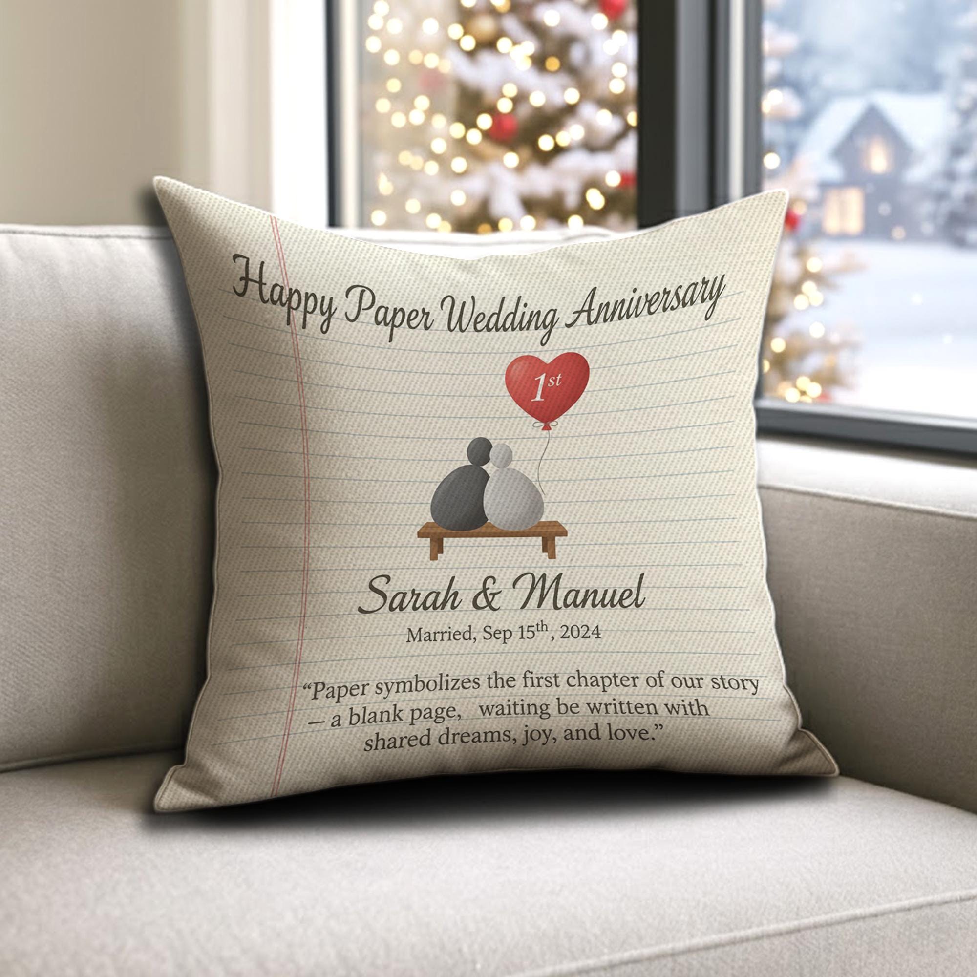 Personalized Anniversary Pillow: Paper Anniversary Design, Printed Keepsake image 1