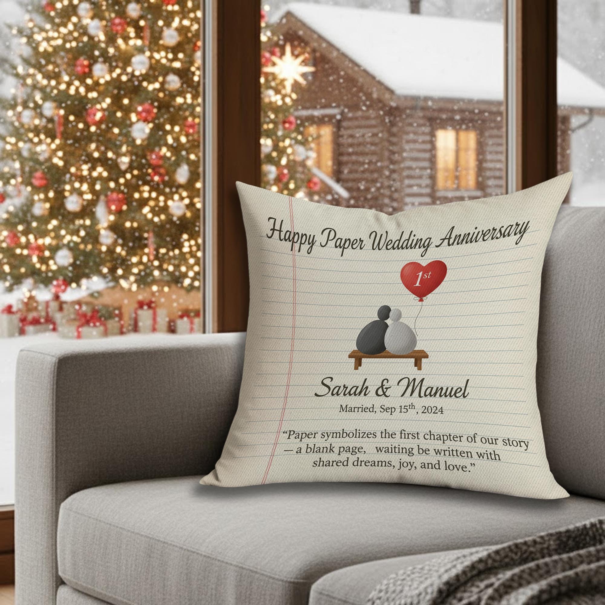 Personalized Anniversary Pillow: Paper Anniversary Design, Printed Keepsake image 2
