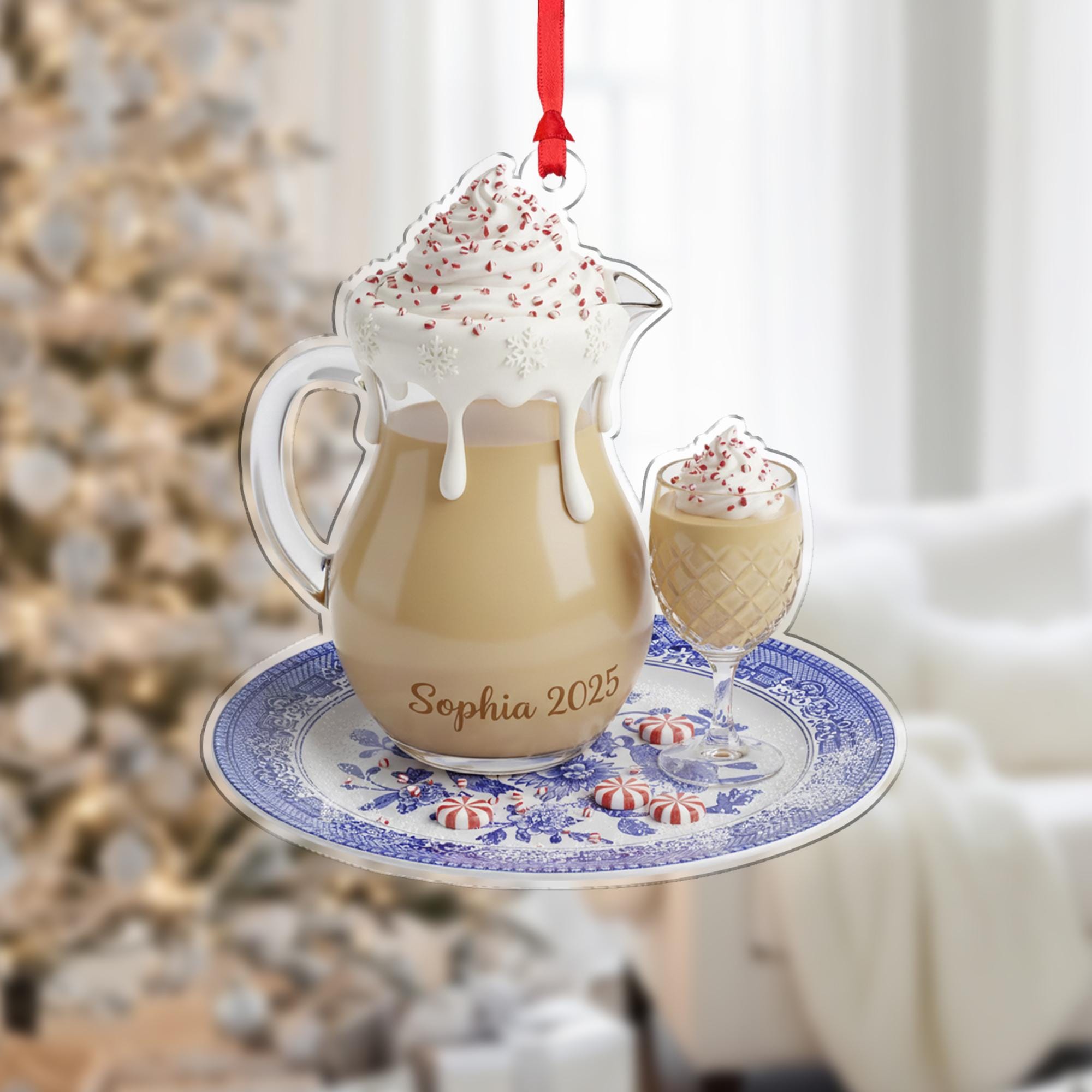 Personalized Eggnog Ornament, Christmas Beverage Keepsake, Custom Name 2025, Pitcher on Blue Floral Plate image 2