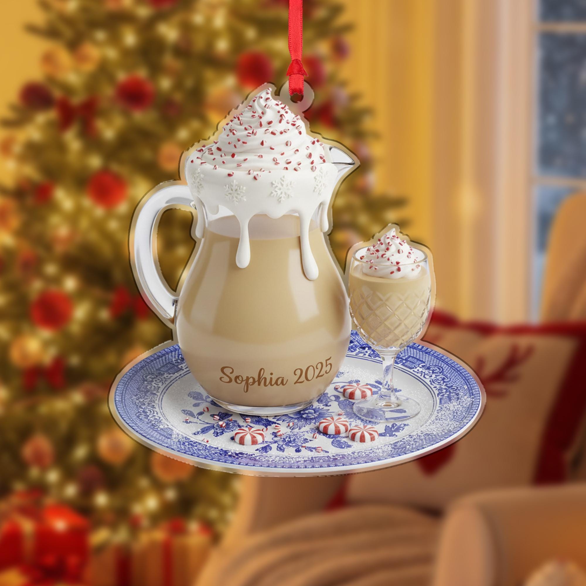 Personalized Eggnog Ornament, Christmas Beverage Keepsake, Custom Name 2025, Pitcher on Blue Floral Plate image 1