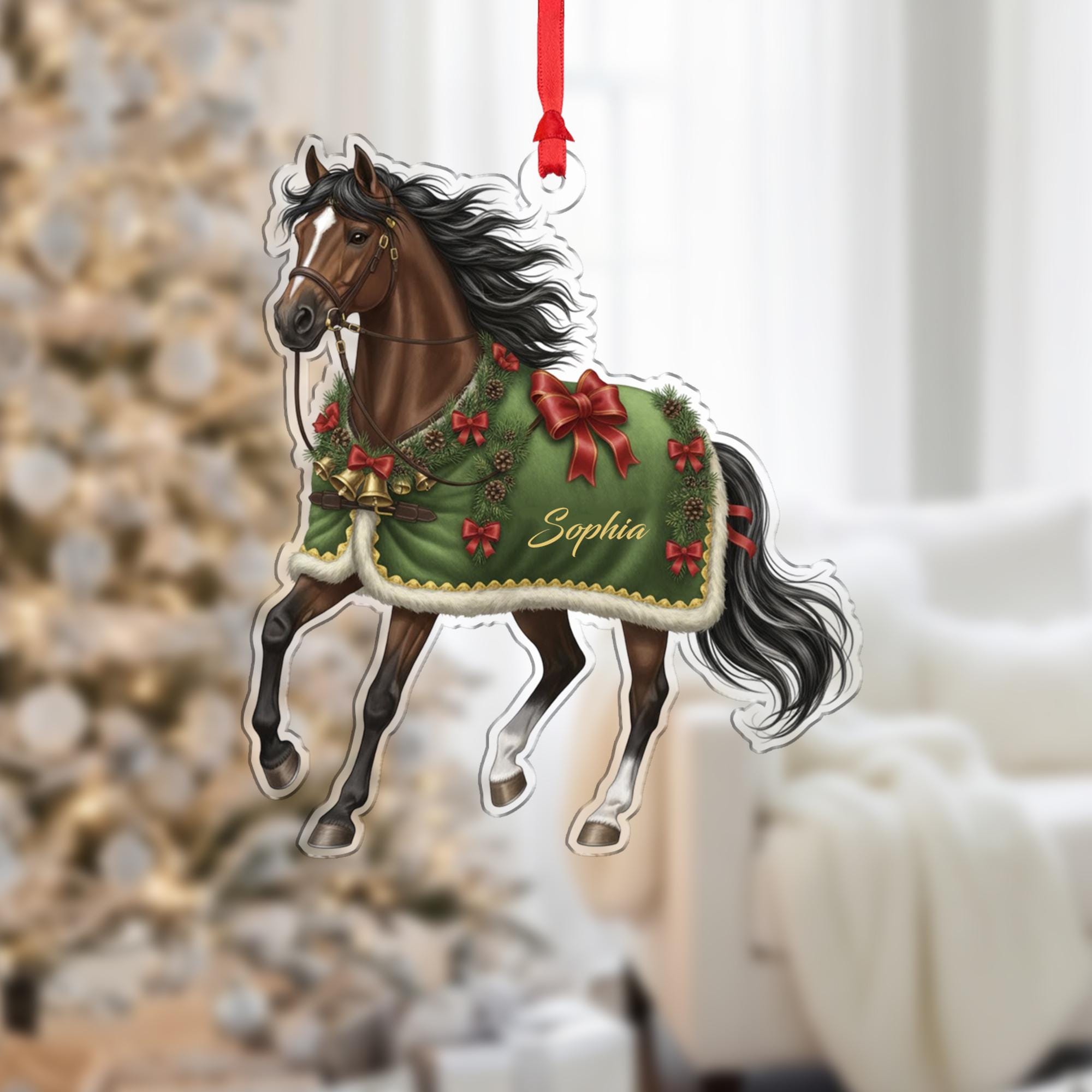 Personalized Horse Ornament, Custom Name Keepsake, Bay Horse with Green Blanket, Equestrian Christmas Decor image 1