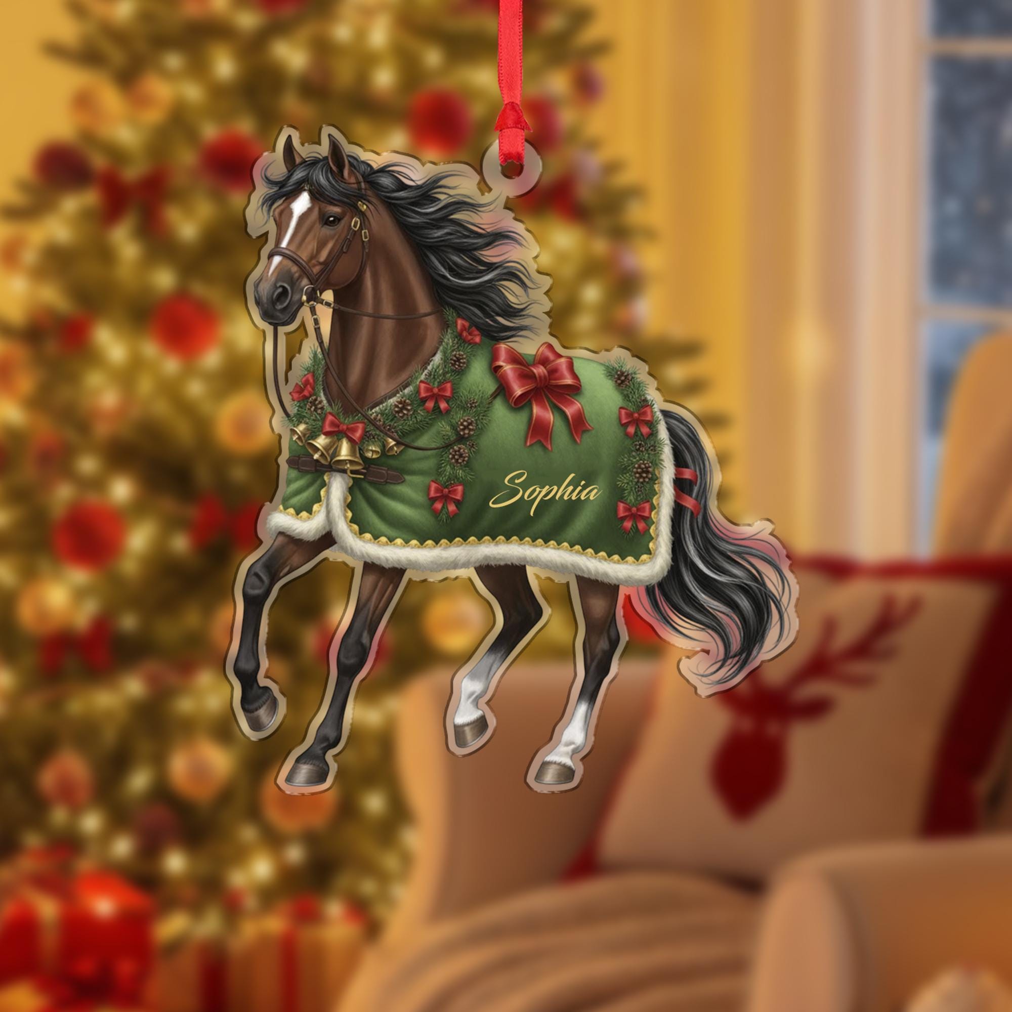 Personalized Horse Ornament, Custom Name Keepsake, Bay Horse with Green Blanket, Equestrian Christmas Decor image 2