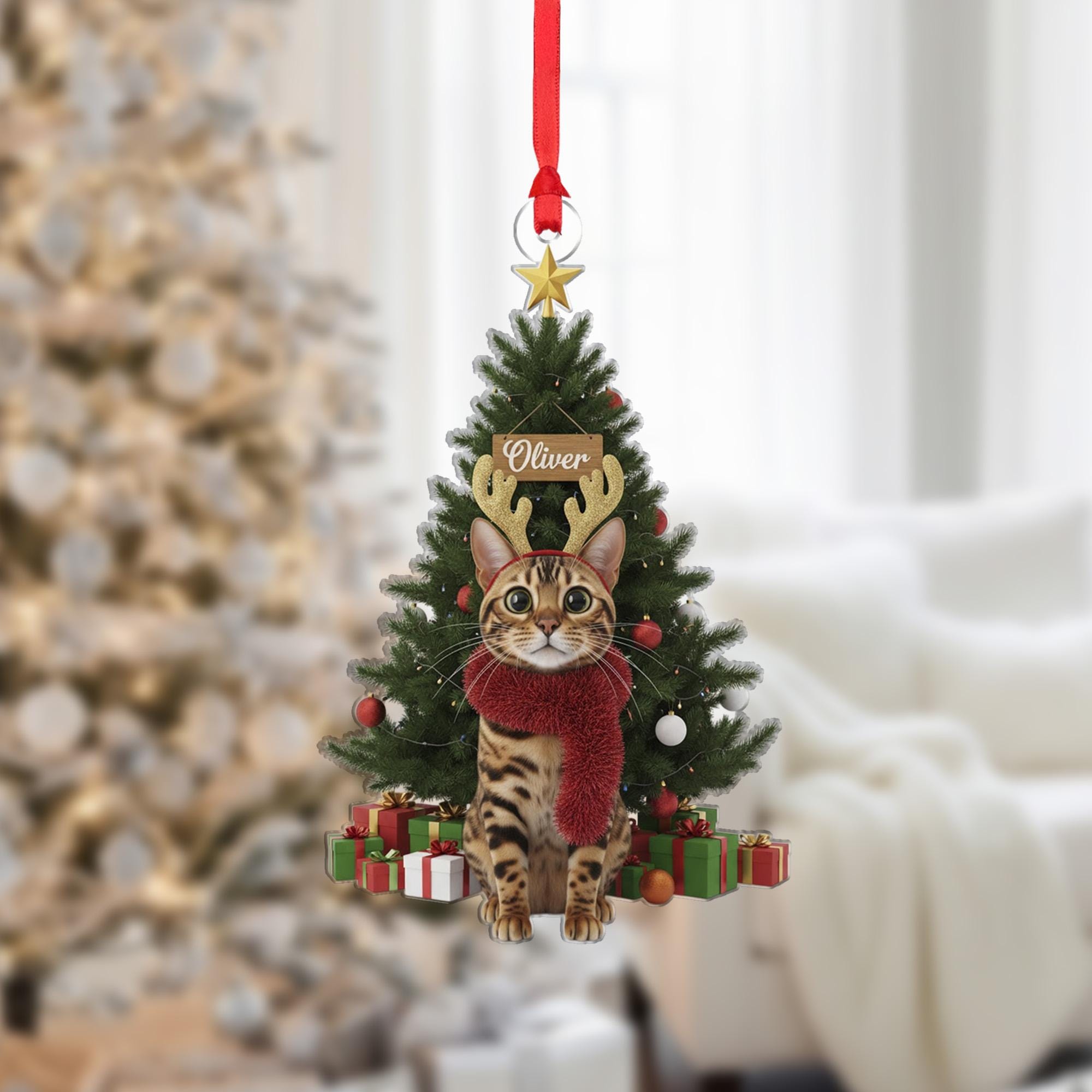 Personalized Bengal Cat Ornament, Custom Name Pet Keepsake, Reindeer Antlers, Christmas Tree Decor image 1