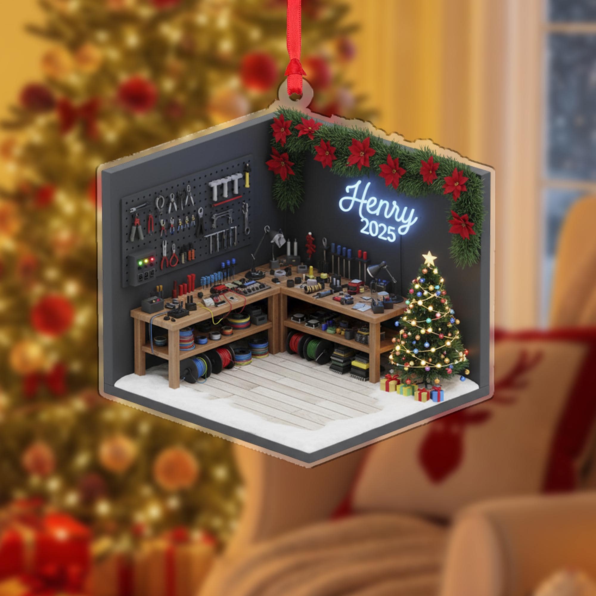 Personalized Electrician Ornament, Workshop Diorama Keepsake, Custom Name Neon Sign, Christmas 2025 image 2