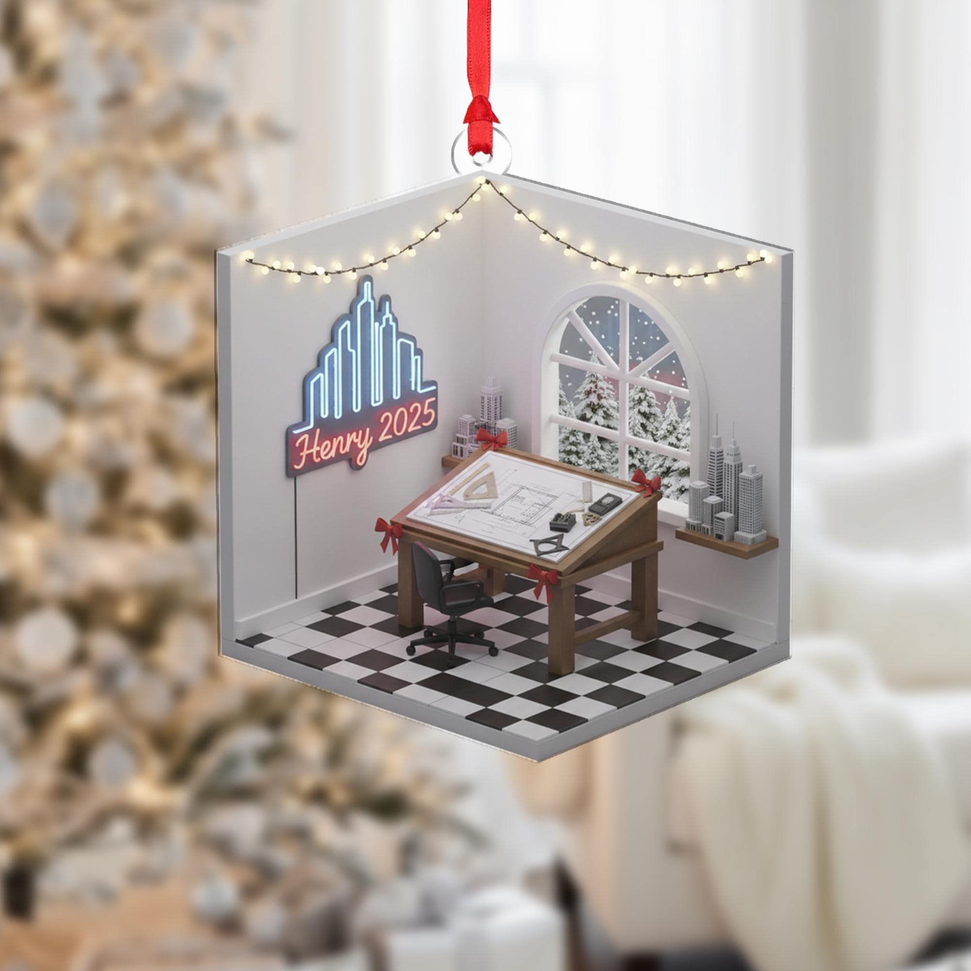 Personalized Architect Ornament, Drafting Table Diorama, Custom Name Neon Sign, Christmas 2025 Keepsake image 1