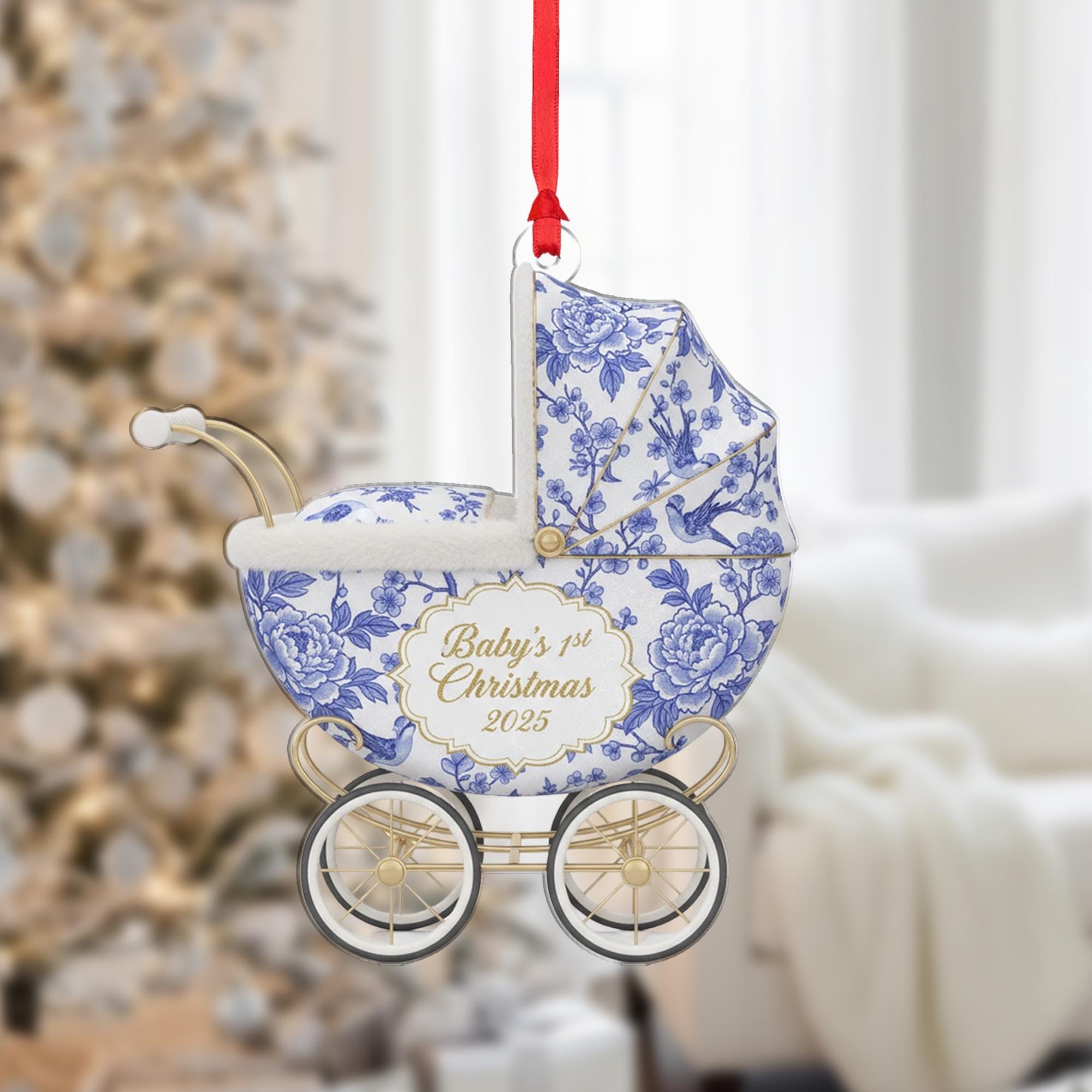 Baby's 1st Christmas Ornament, Chinoiserie Baby Carriage, Blue and White Floral Pram, 2025 Keepsake image 1