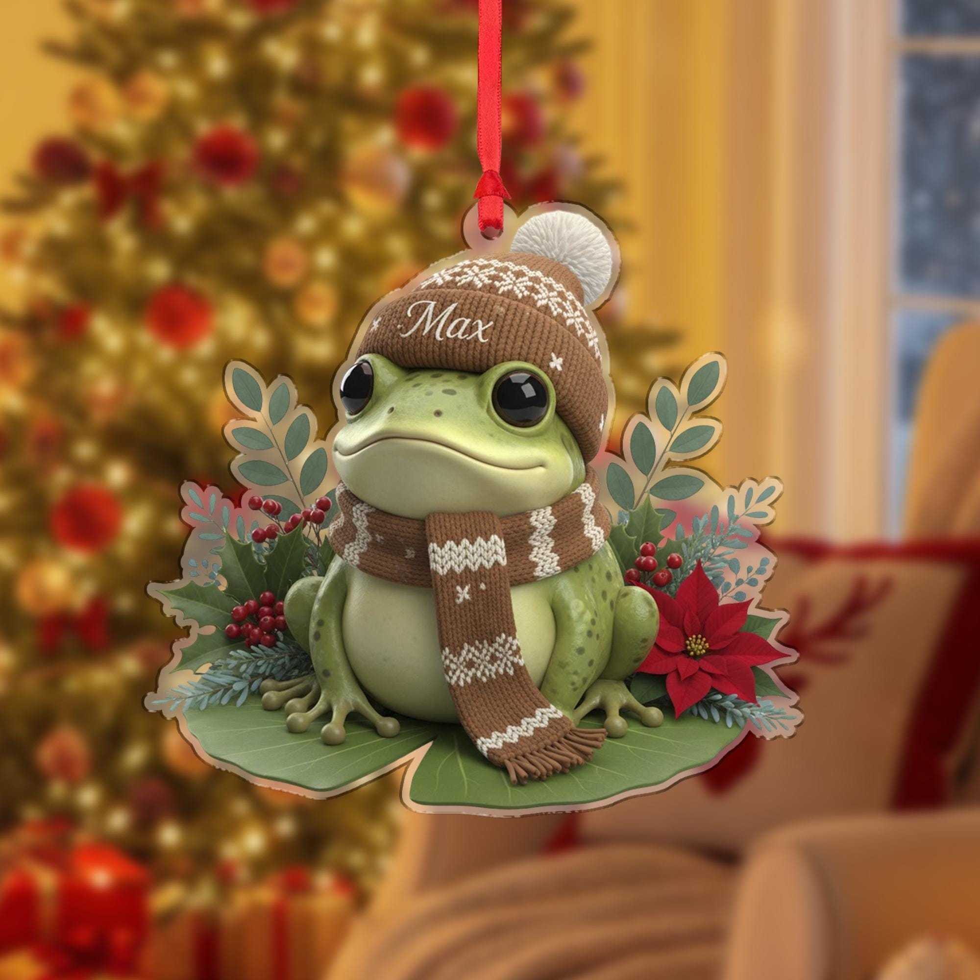 Personalized Frog Ornament, Custom Name Winter Hat, Lily Pad Keepsake, Woodland Animal Decor image 1