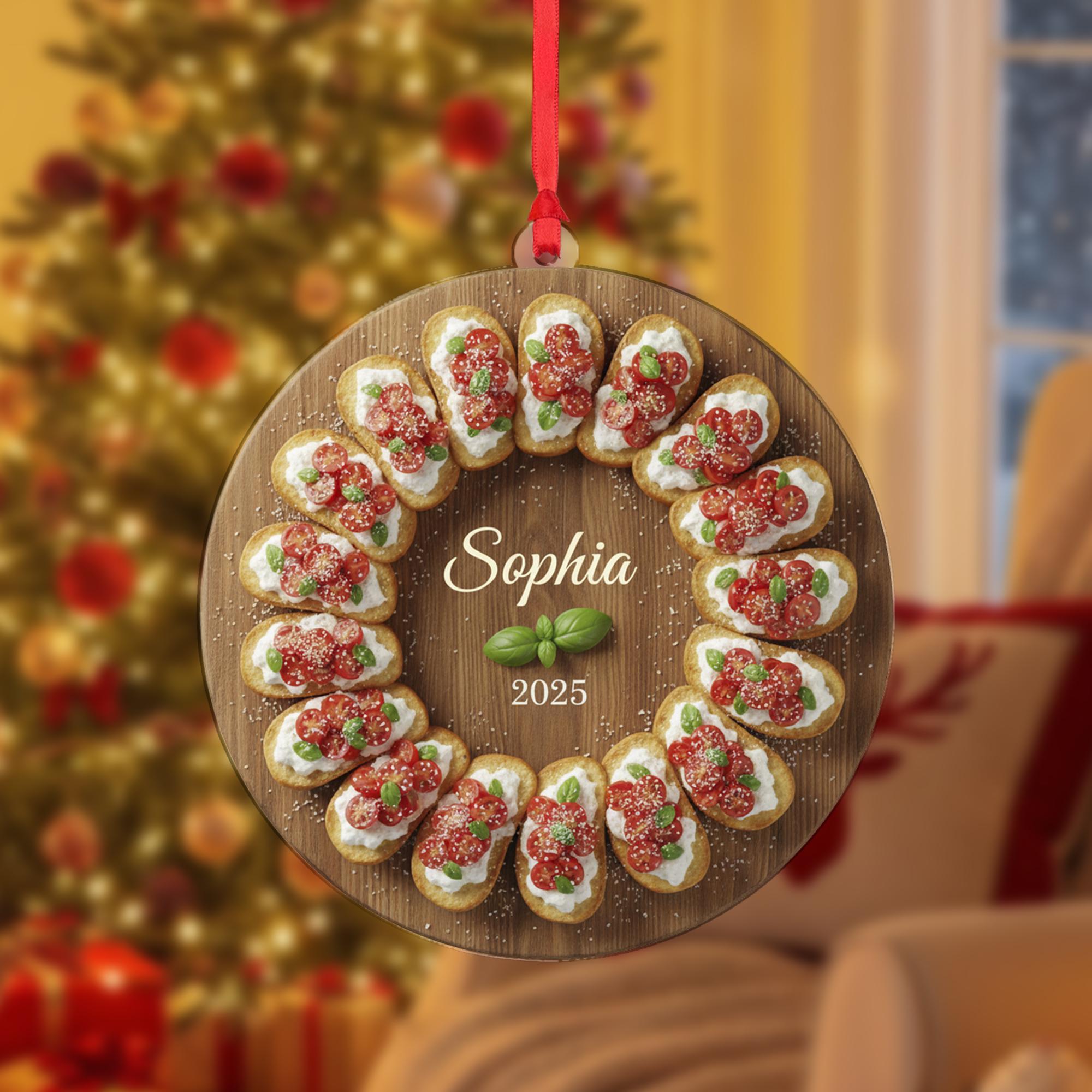 Personalized Bruschetta Ornament, Food Wreath Keepsake, Custom Name 2025, Round Cutting Board Decor image 2