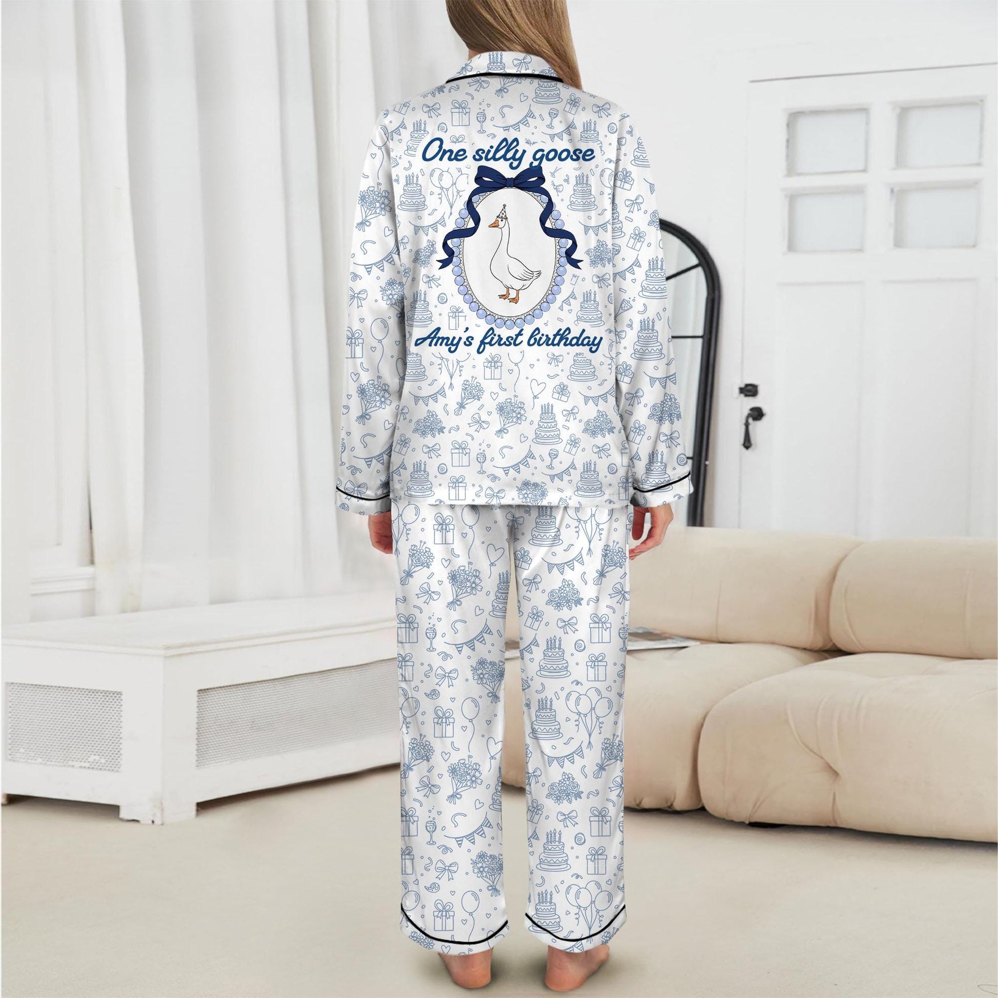Satin Printed Mama Pajama Set: Silly Goose Daughter First Birthday image 3