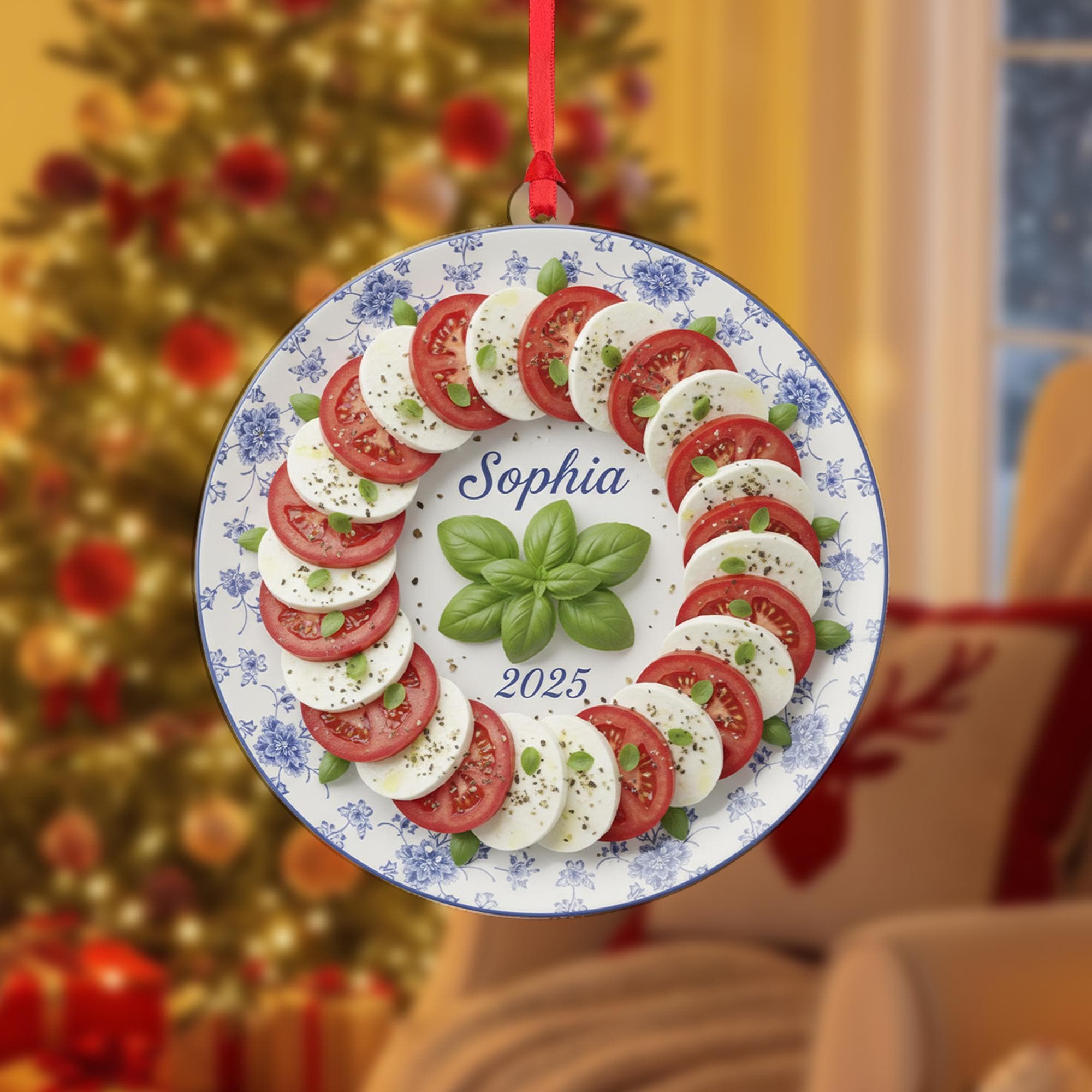 Personalized Caprese Salad Ornament, Italian Food Wreath Keepsake, Custom Name 2025, Blue Floral Plate image 1