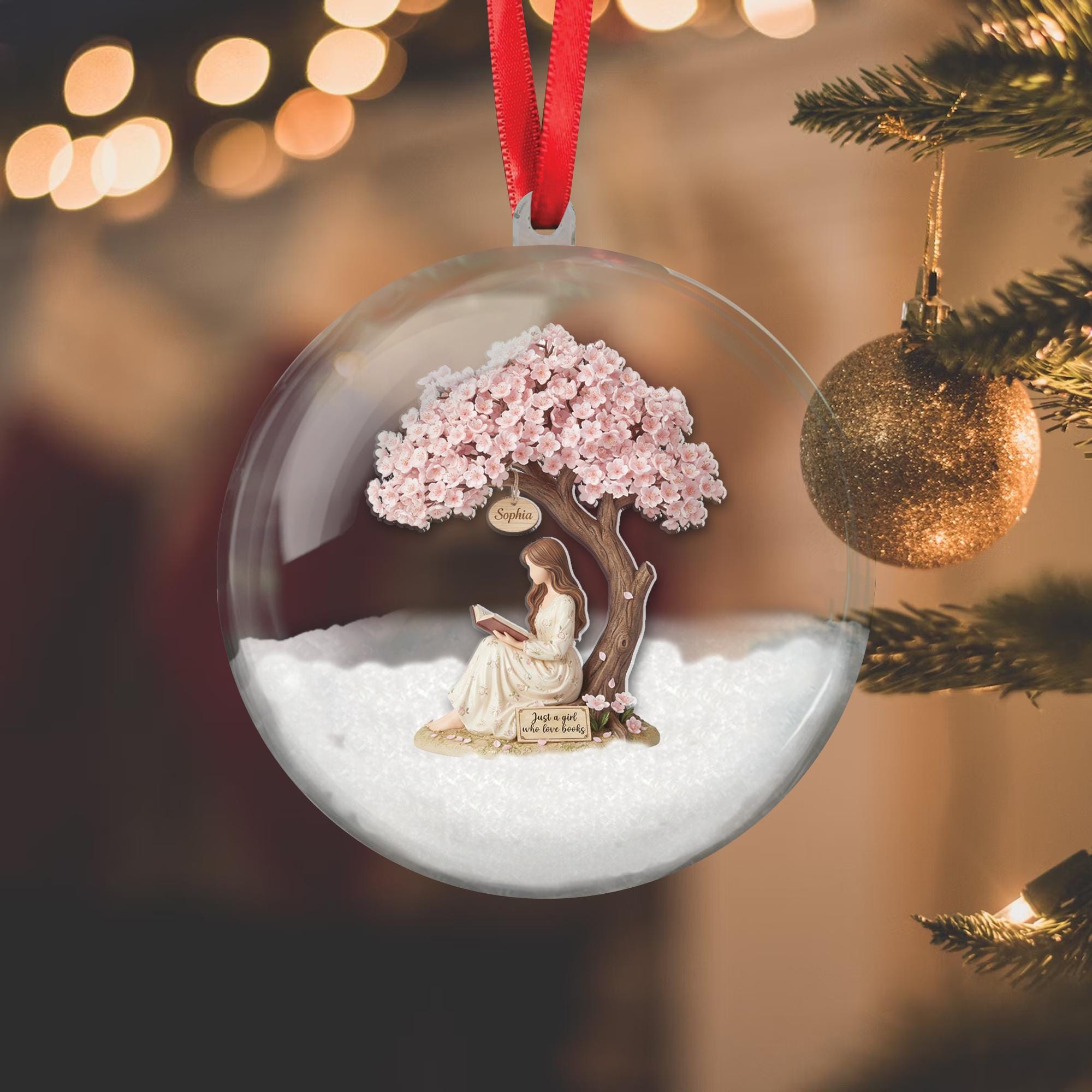 Cherry Blossom Book Lover Ornament – Personalized Girl Reading Ball Christmas Decoration image 3
