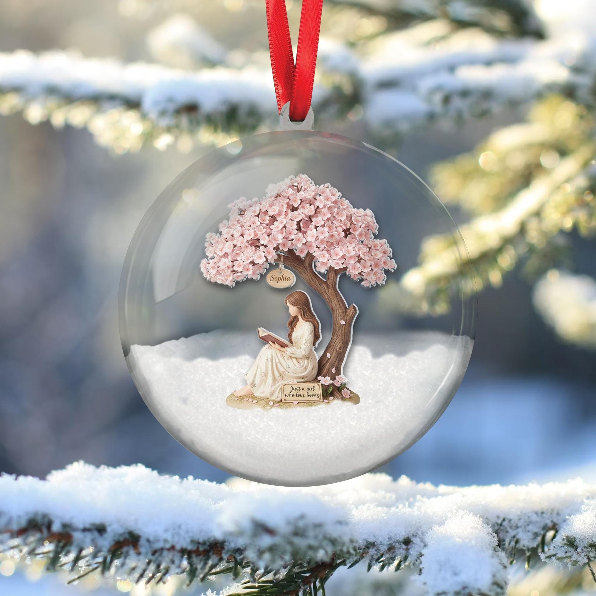 Cherry Blossom Book Lover Ornament – Personalized Girl Reading Ball Christmas Decoration image 2