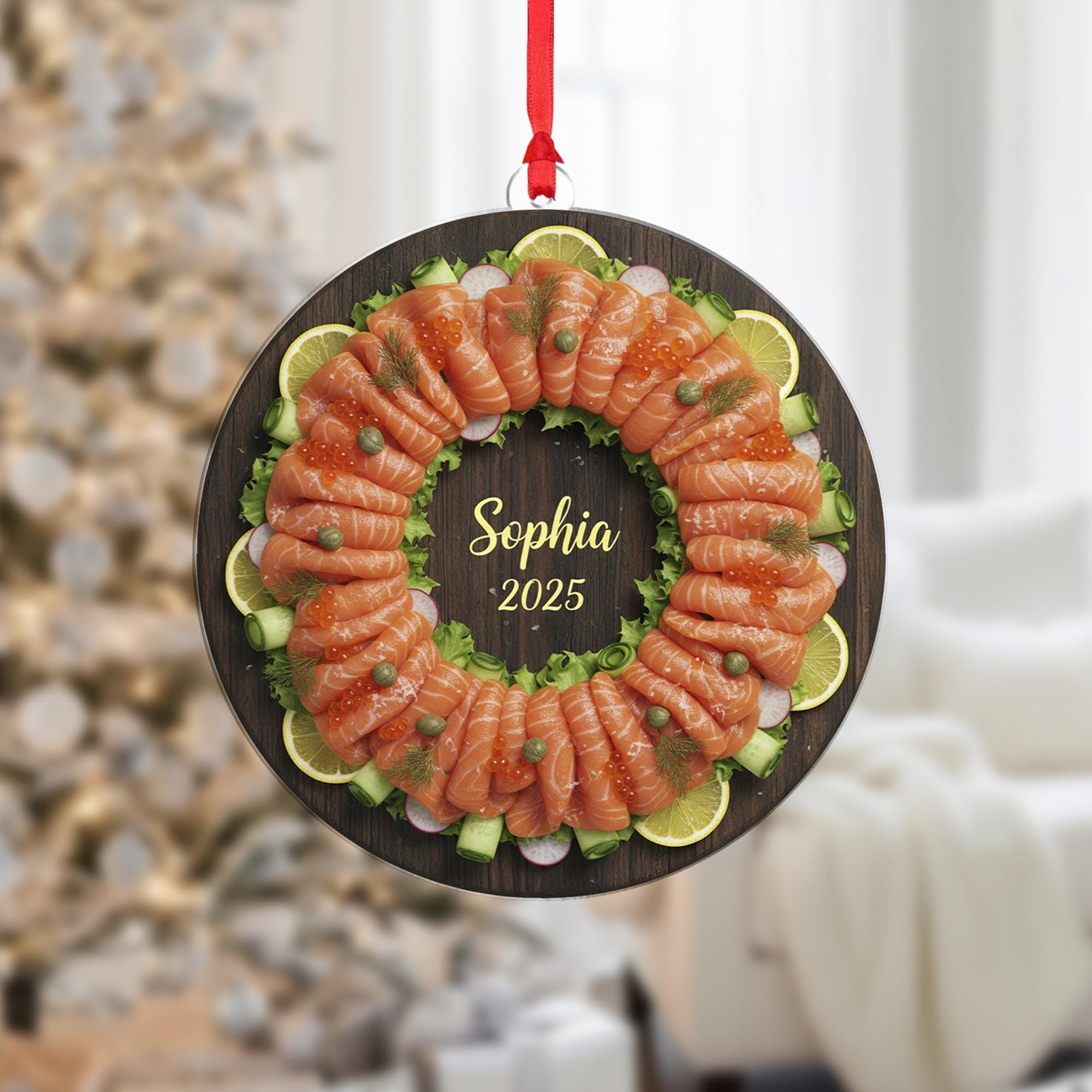 Personalized Salmon Wreath Ornament, Food Keepsake, Custom Name 2025, Lox Platter Decor image 2