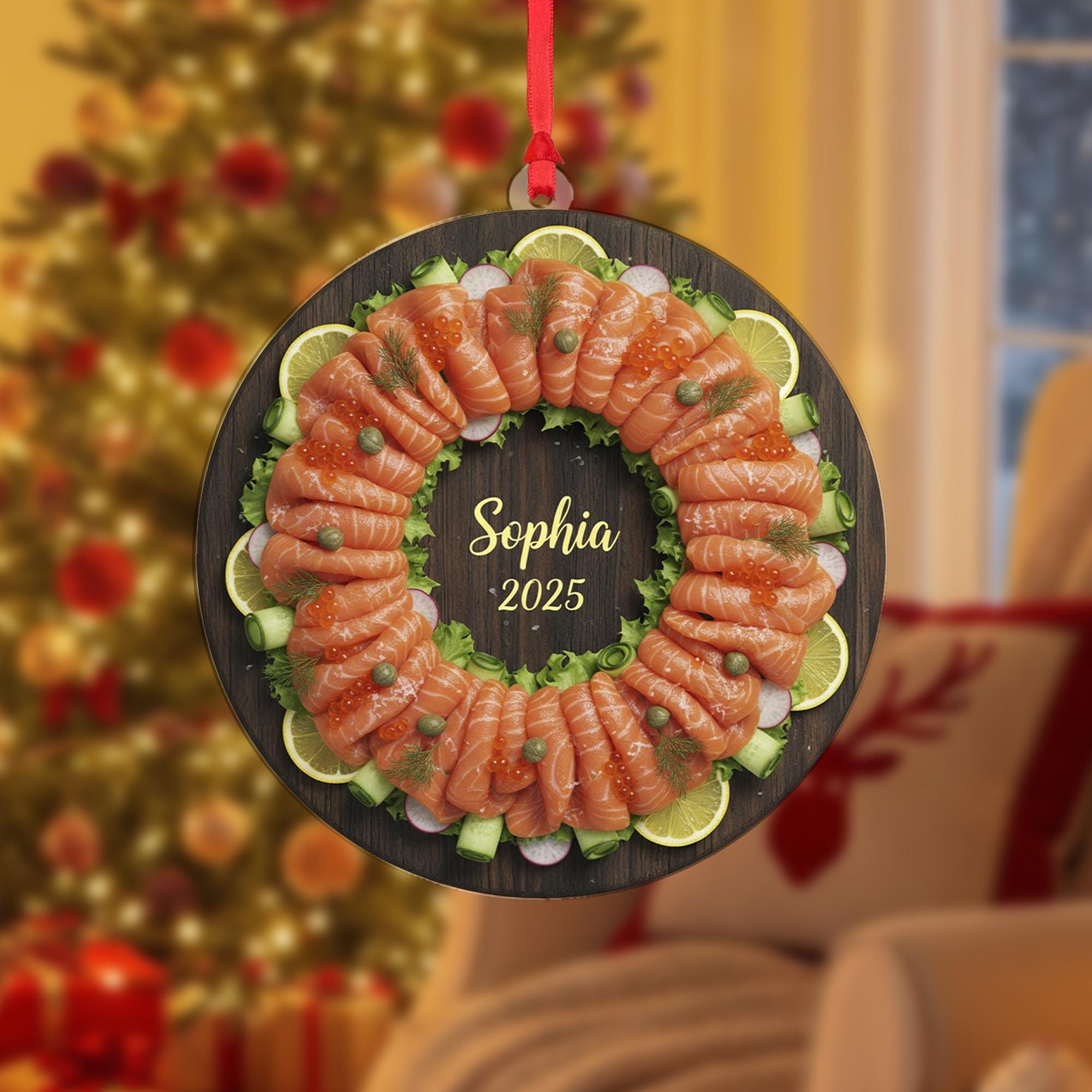 Personalized Salmon Wreath Ornament, Food Keepsake, Custom Name 2025, Lox Platter Decor image 1