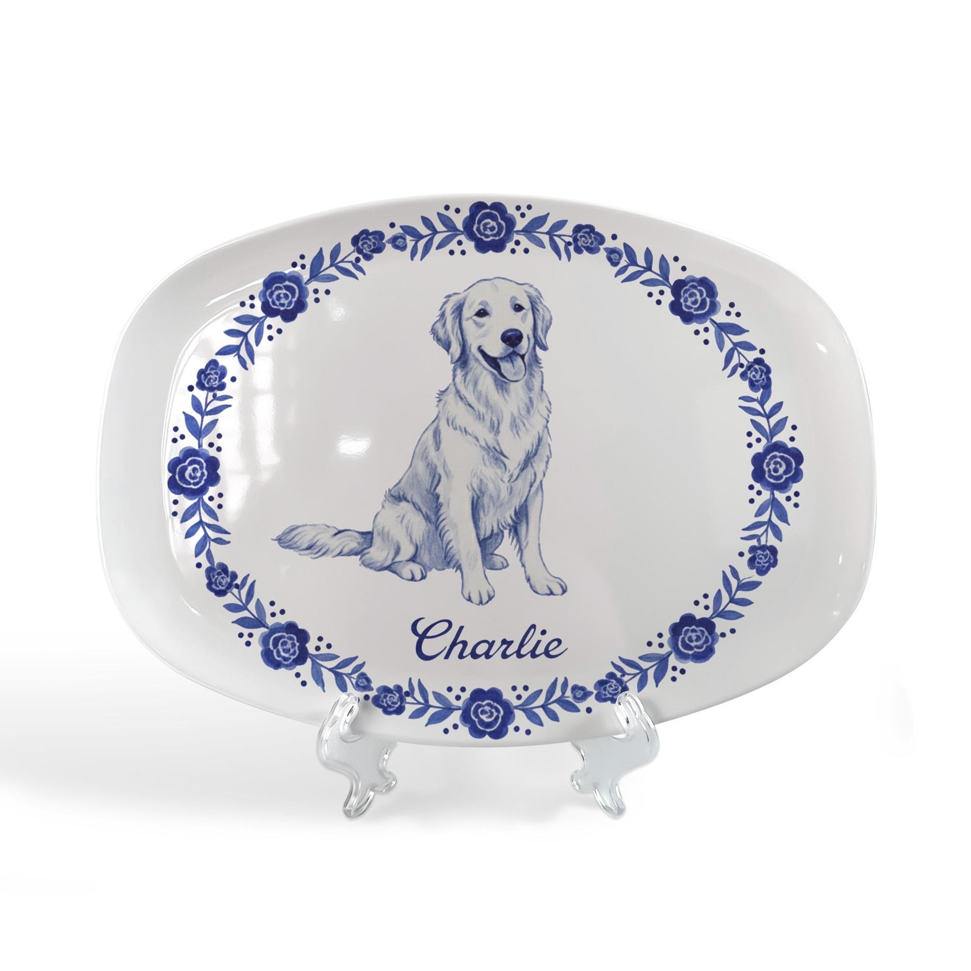Custom Pet Portrait Platter with Blue Floral Border Design - Decor Only image 2